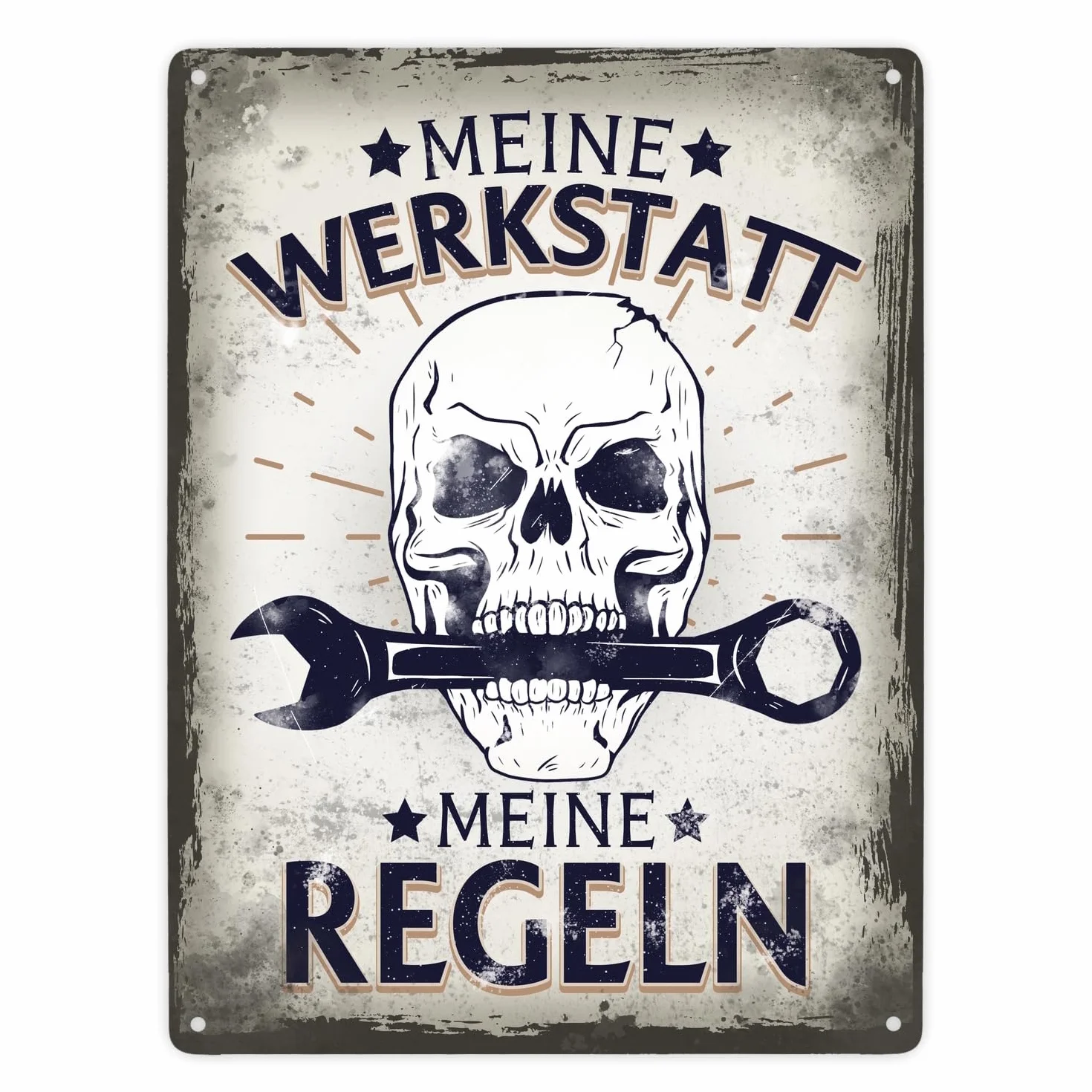 Meine Werkstatt meine Regeln mit trupia Czaszka Metalowa tabliczka XXL 28 x 38 cm jako prezent dla wszystkich hobbystów i majsterkowiczów jako tabliczka na drzwi do warsztatu, aby podkreślić miłość do