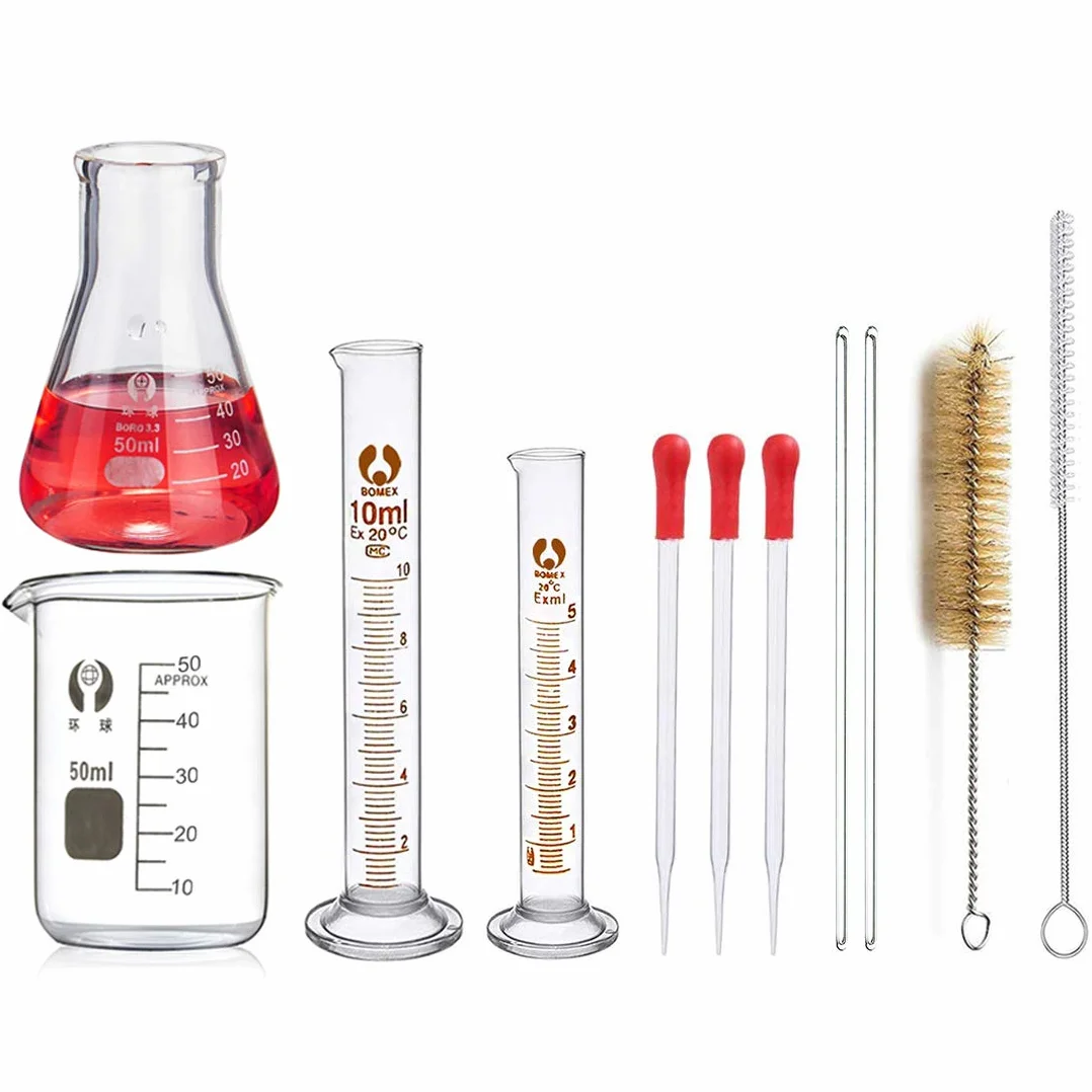 Szklane fiolki Erlenmeyer, JESSTOLO 50 ml, szklana butelka stożkowa, 50 ml szklana zlewka, 10 ml/5 ml cylinder z podziałką, 2 szczotki do czyszczenia, 3 szklane probówki i 2 szklane mieszadła
