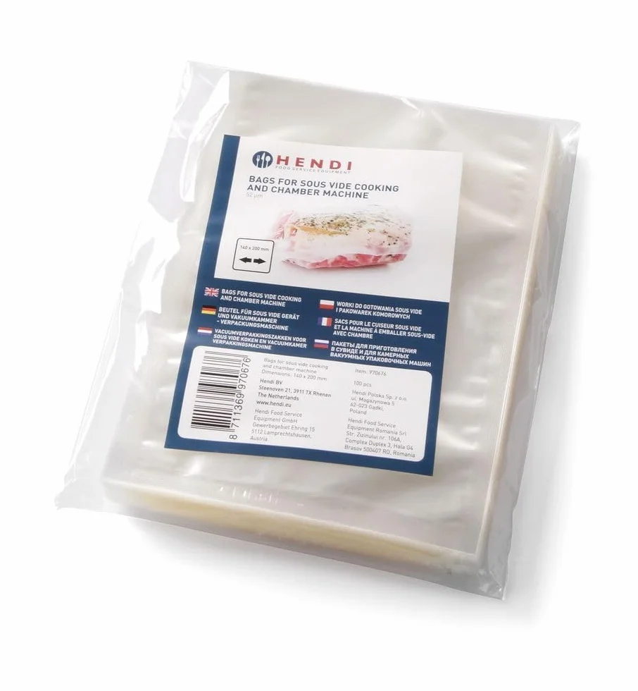 HENDI Worki do gotowania sous-vide, 100 sztuk, do pakowarek komorowych, żywności, odporność na temperaturę: od -20° do 110°C, worki próżniowe, grubość: 75 µm, 250x150mm, poliamid, polietylen