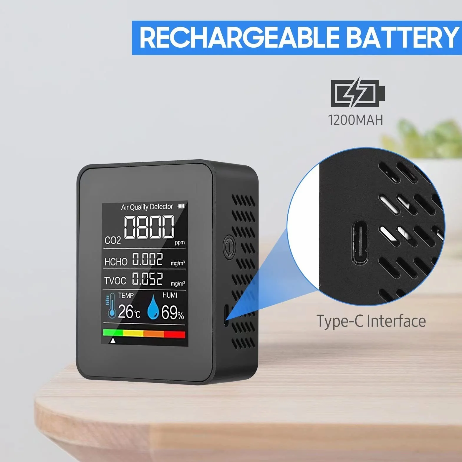 Monitor Jakości Powietrza CO2 z Czujnikiem PM TVOC HCHO, Przenośny Duży Wyświetlacz LCD