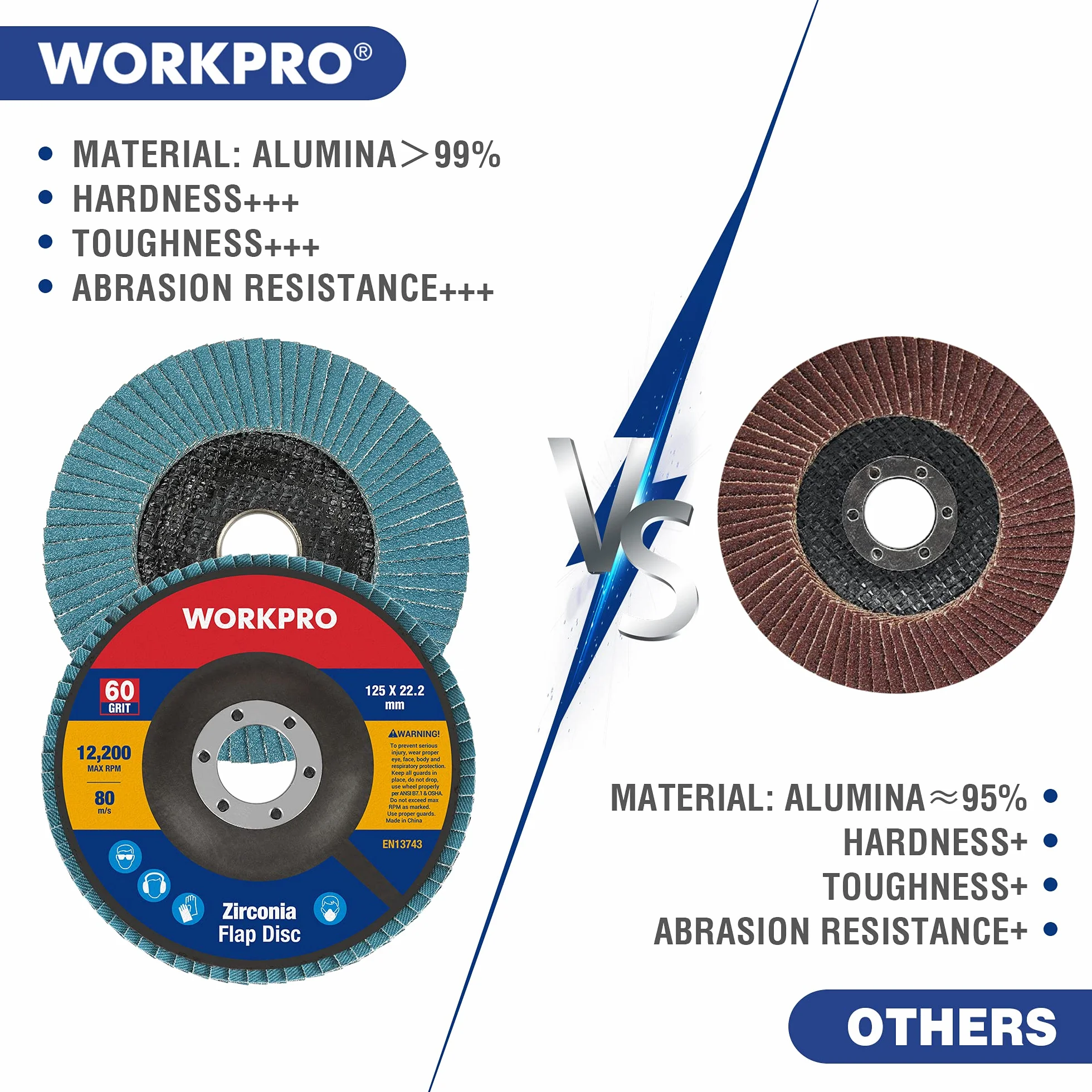 WORKPRO Zestaw 10 tarcz ściernych 125 mm, ziarno 60, najwyższej jakości tarcza szlifierska z tlenku glinu do usuwania zadziorów, rdzy, polerowania, wykończenia