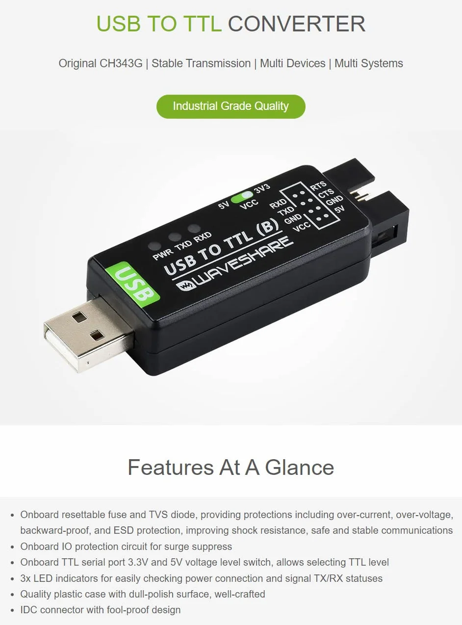 Waveshare Industrial USB to TTL Converter Original CH343G Onboard with Multi Protection Circuits Multi Systems Support