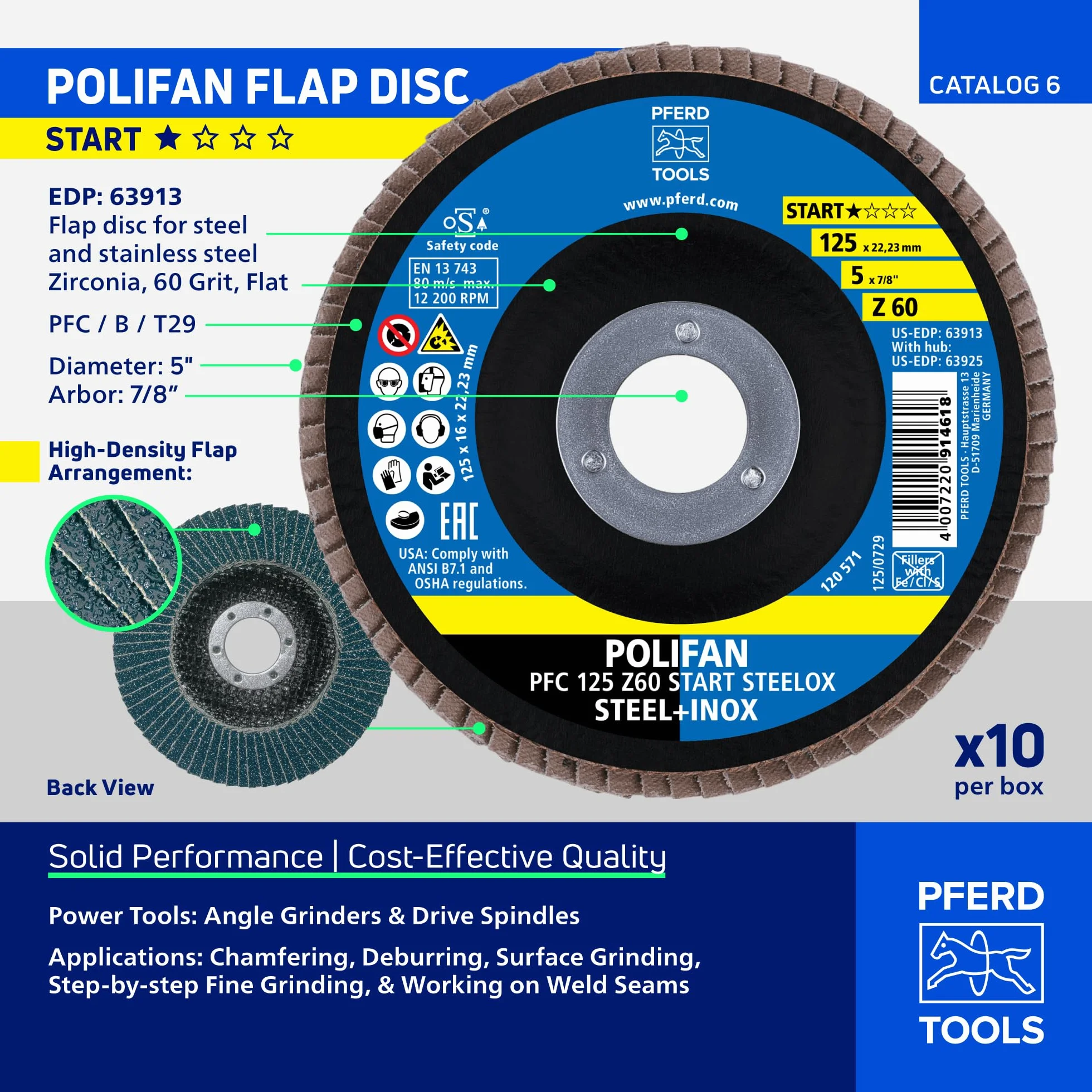 PFERD POLIFAN-Z-BOX 10 x tarcza wachlarzowa 125 mm Z60 otwór 22,23 mm stal nierdzewna INOX