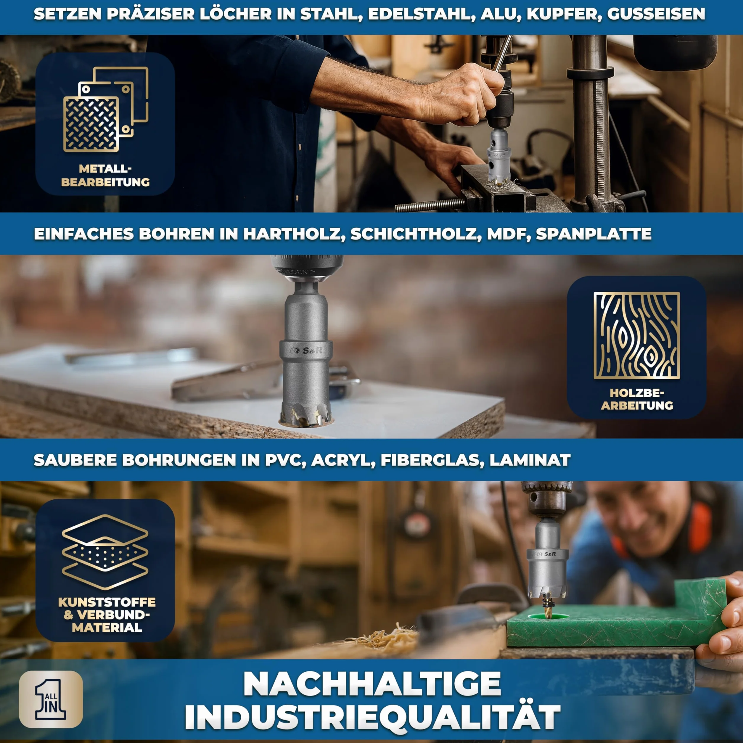 S&R Premium TCT 5-częściowy zestaw otwornic 16-30 mm, wiertło do metalu, stal nierdzewna, twarde stopy, węglik wolframu, zestaw wierteł pilotowych z powłoką tytanową, frezy do metalu