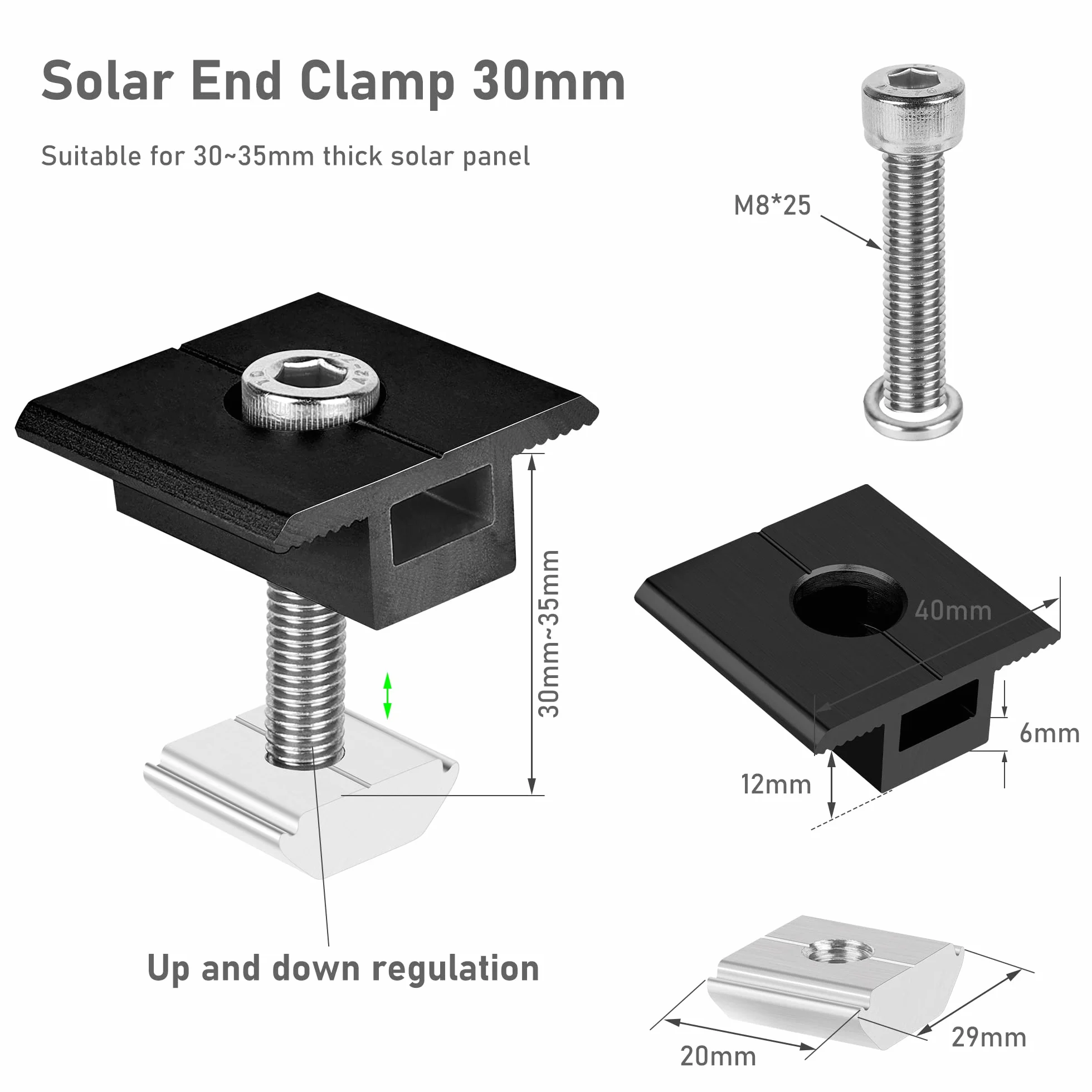 Uchwyt do modułu solarnego zacisk środkowy 30 mm czarny 10 sztuk