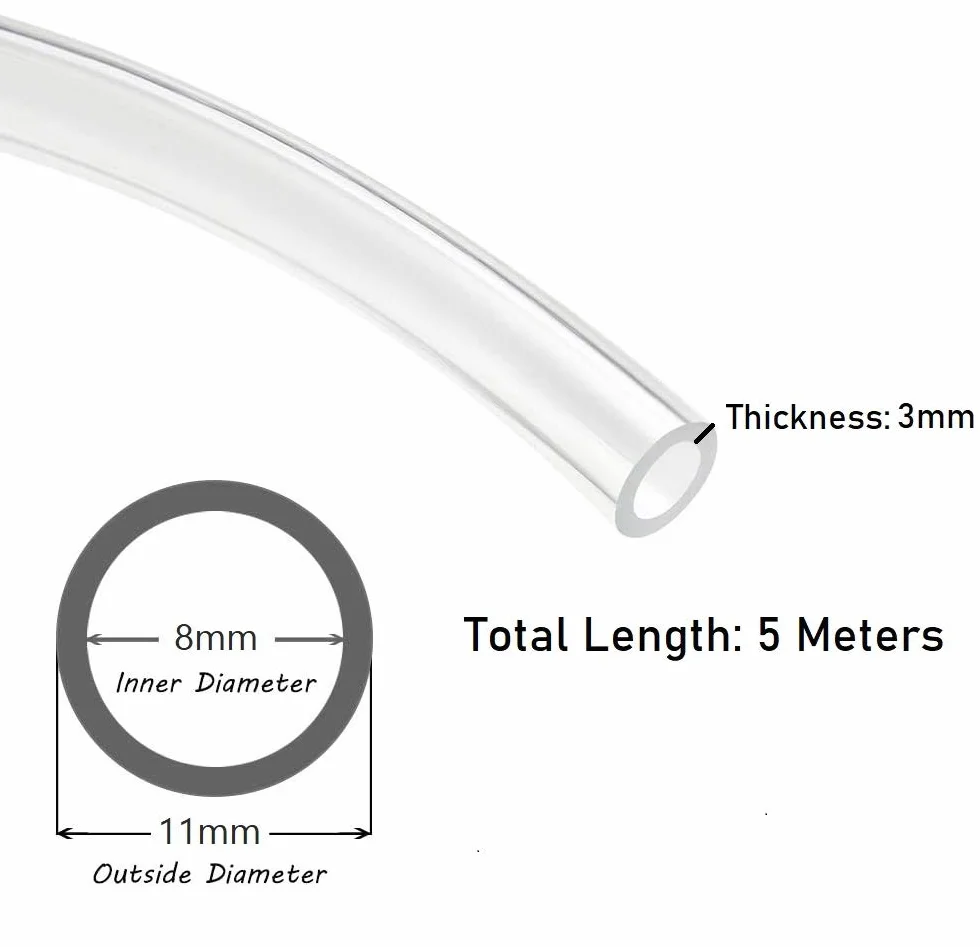 Hyber&Cara Przezroczyste elastyczne rurki PVC klasy spożywczej 8 mm ID x 11 mm OD wąż 5 m
