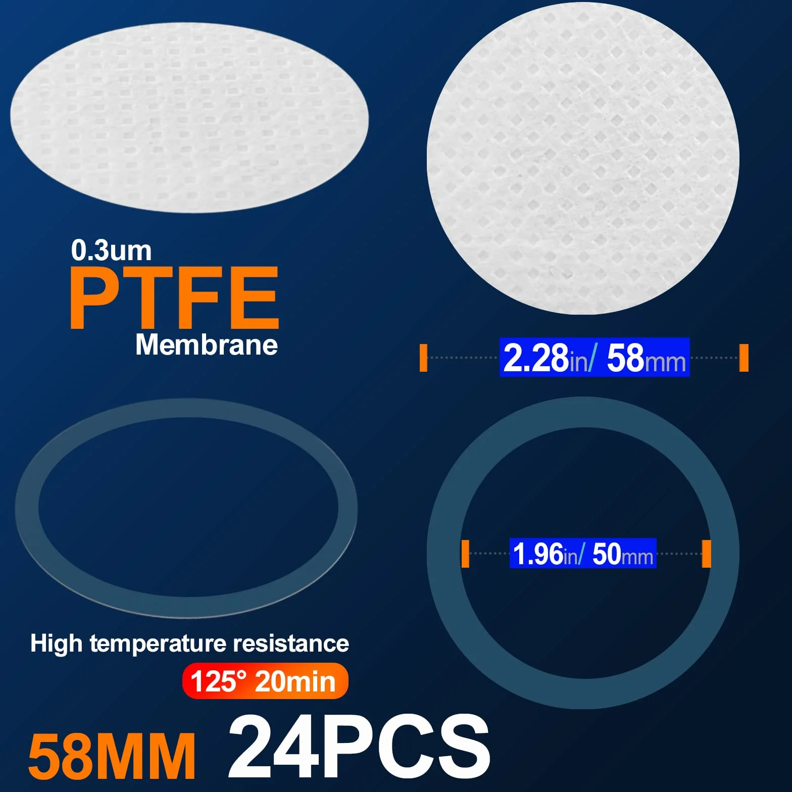 Syntetyczny filtr papierowy naklejki 58 mm 0,3 µm PTFE tarcza filtrująca 24 szt.