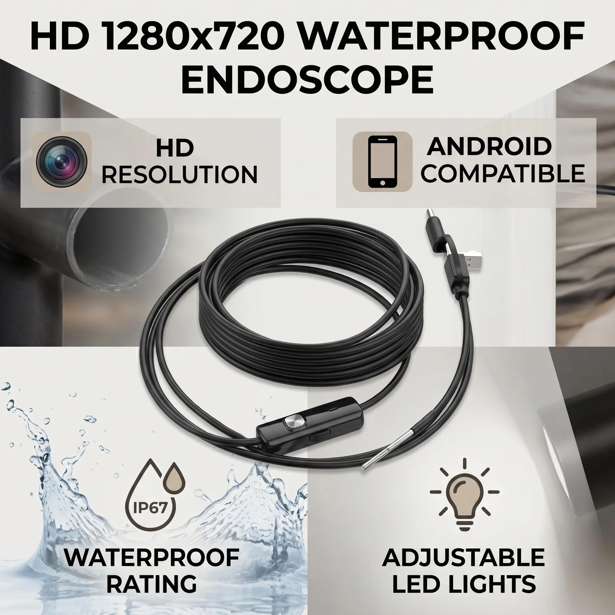 Endoskop 3 w 1, kamera endoskopowa, wodoszczelna kamera typu C, USB endoskop do telefonów z systemem Android, obiektyw 3,9 mm, wodoszczelna kamera endoskopowa, 1280 x 720 (1 m)