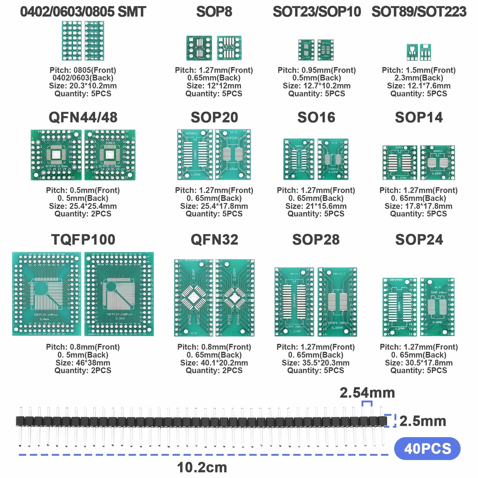 Zestaw SMD do DIP adapter płytki SOP8 SOP10 SOP14 SOP16 SOP20 SOP24 SOP28 0402 0603 0805 SMT SOT89 SOT223 TQFP100 QFN32 QFN44 QFN48 2,54 mm nagłówek pinów
