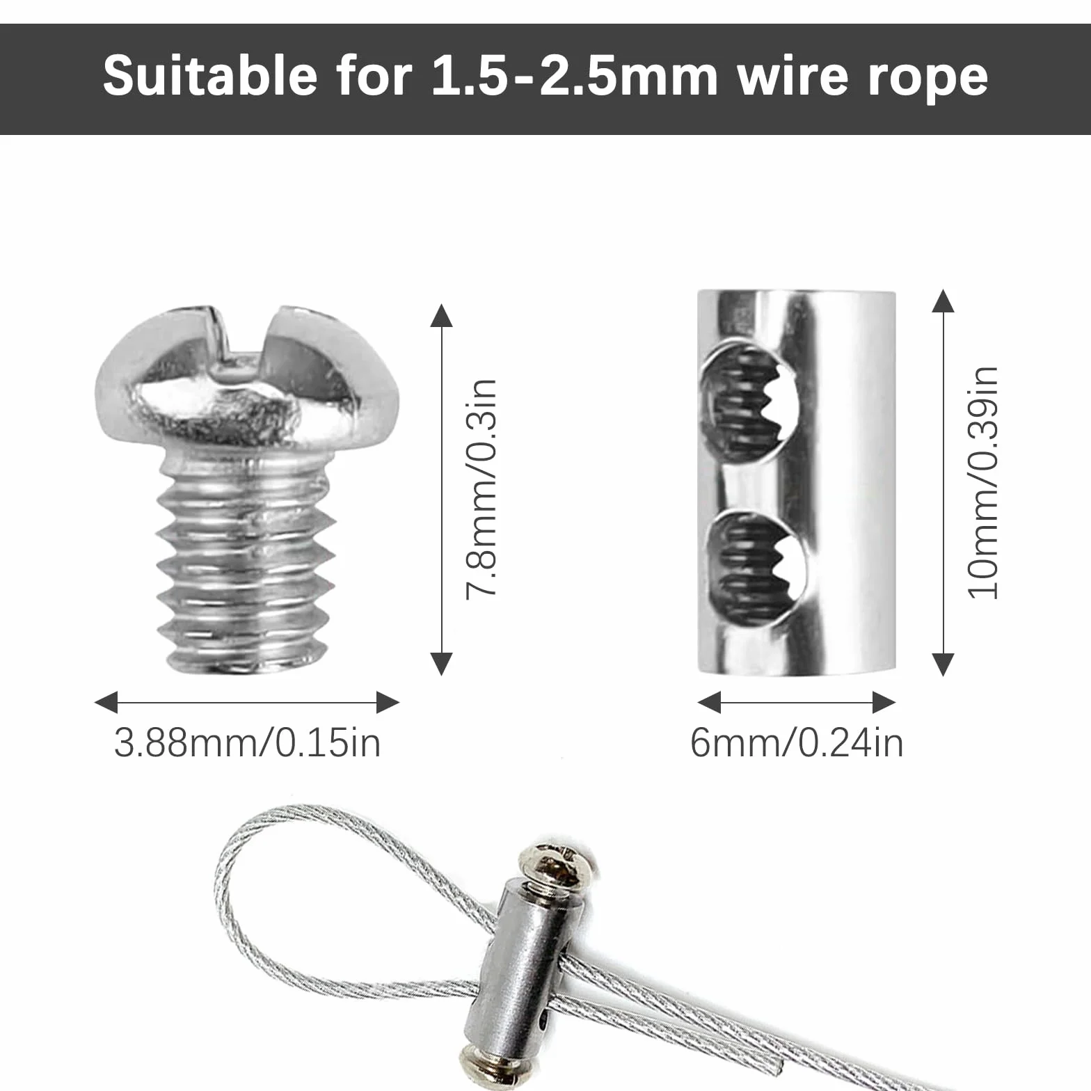 Zacisk do liny drucianej 3 mm, 30 sztuk zacisków linowych z 60 śrubami, zaciski do linek drucianych, metalowe, samoblokujące, zacisk druciany do linek namiotowych, linek do prania, uchwyt na kabel