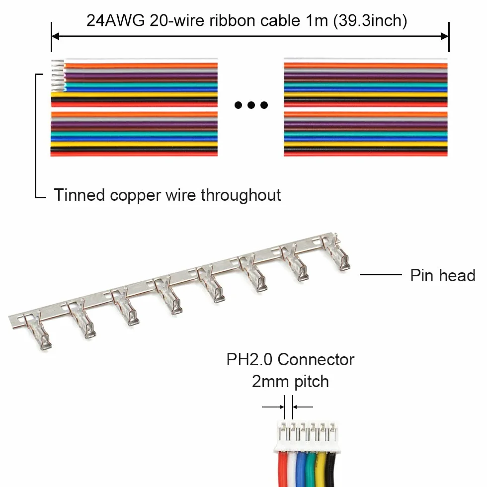 Złącza JST PH 2.0 Pin Header - Zestaw przewodów taśmowych i żeńskich obudów wtykowych 2-8 pin