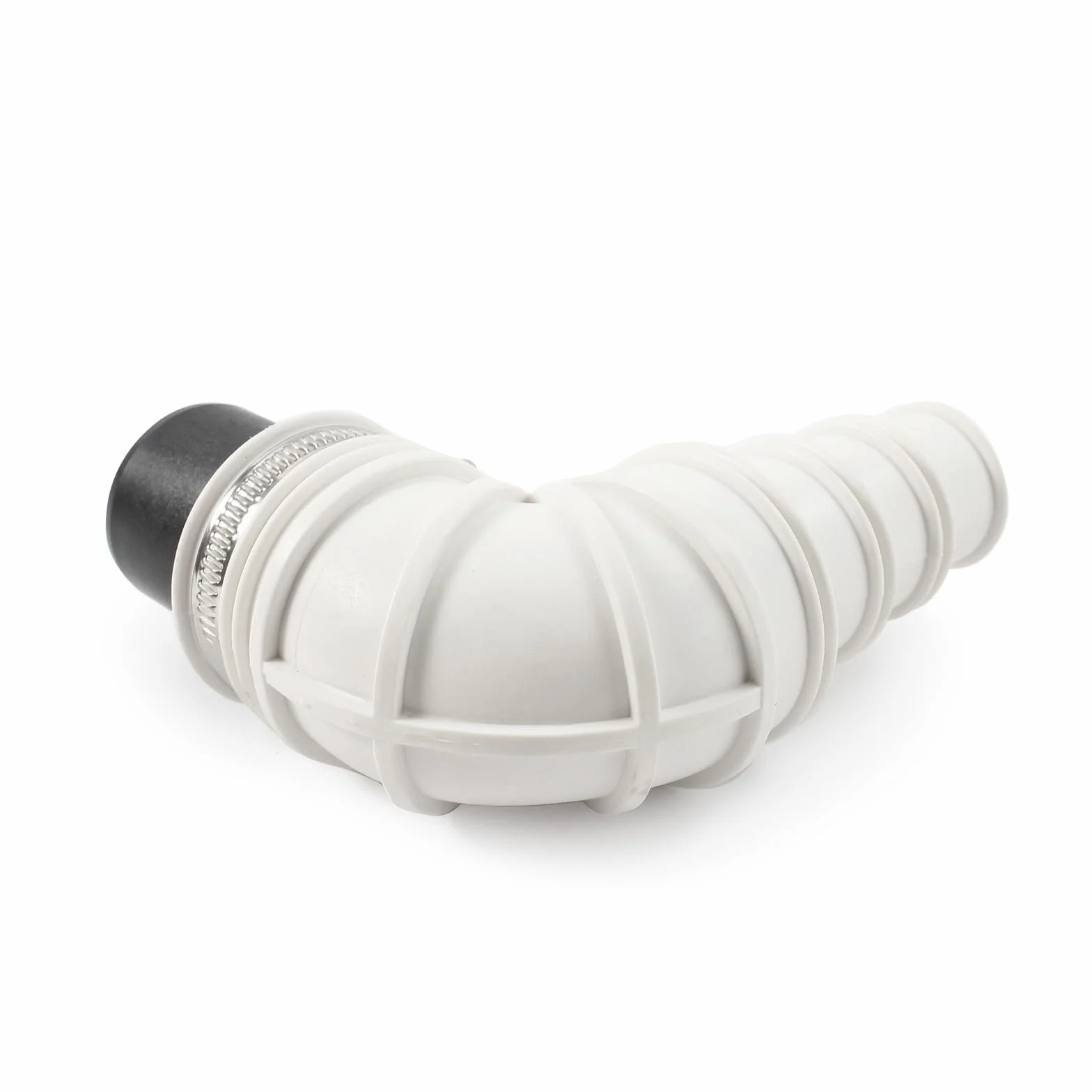 Zawór zwrotny Wiltec DN40 do zastosowań sanitarnych, zawór zwrotny o średnicy zewnętrznej 40 mm, kolanko 90° ze stopniowaną wylewką i zacisk węża