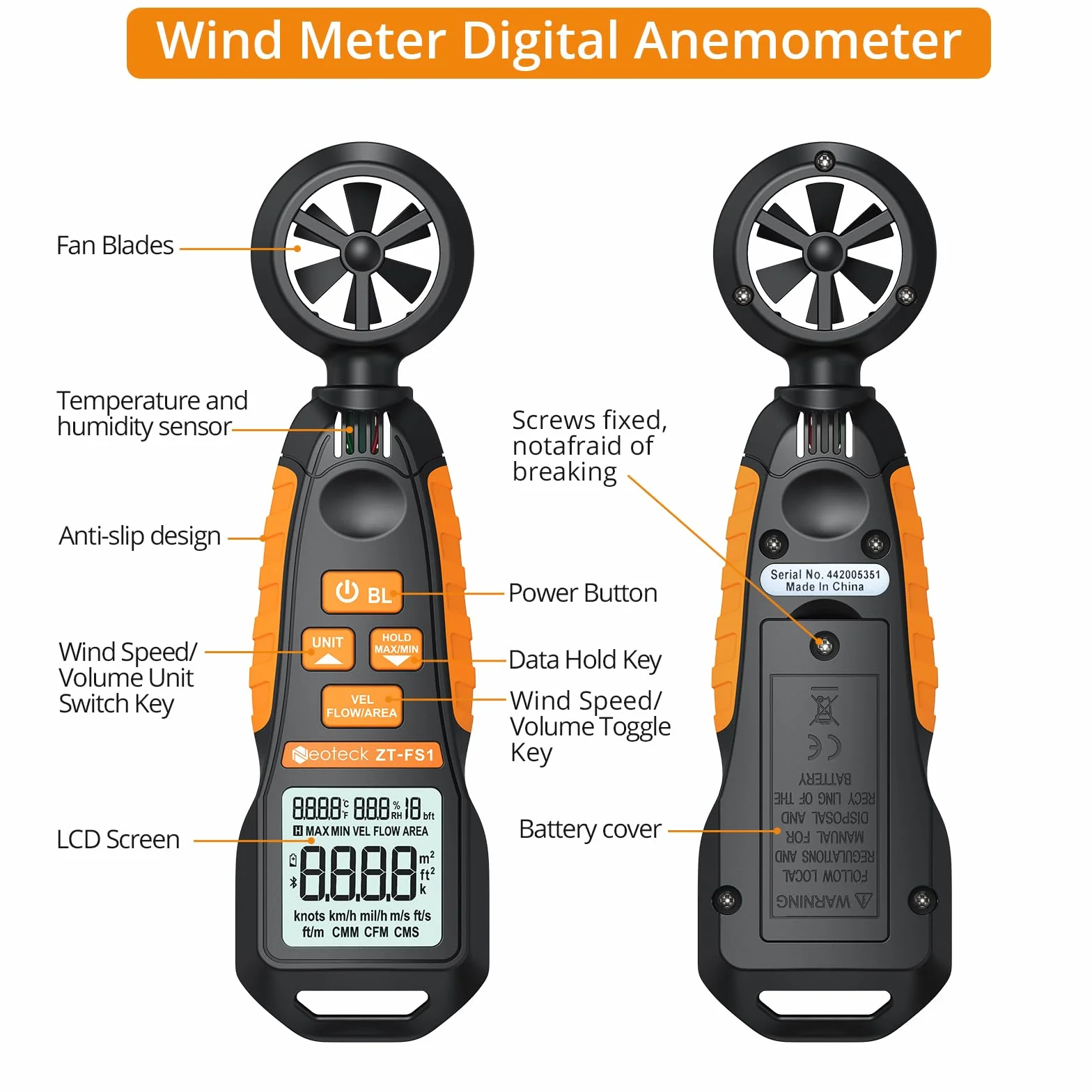 Neoteck Ręczny anemometr Cyfrowy miernik prędkości wiatru CFM Tester prędkości przepływu powietrza