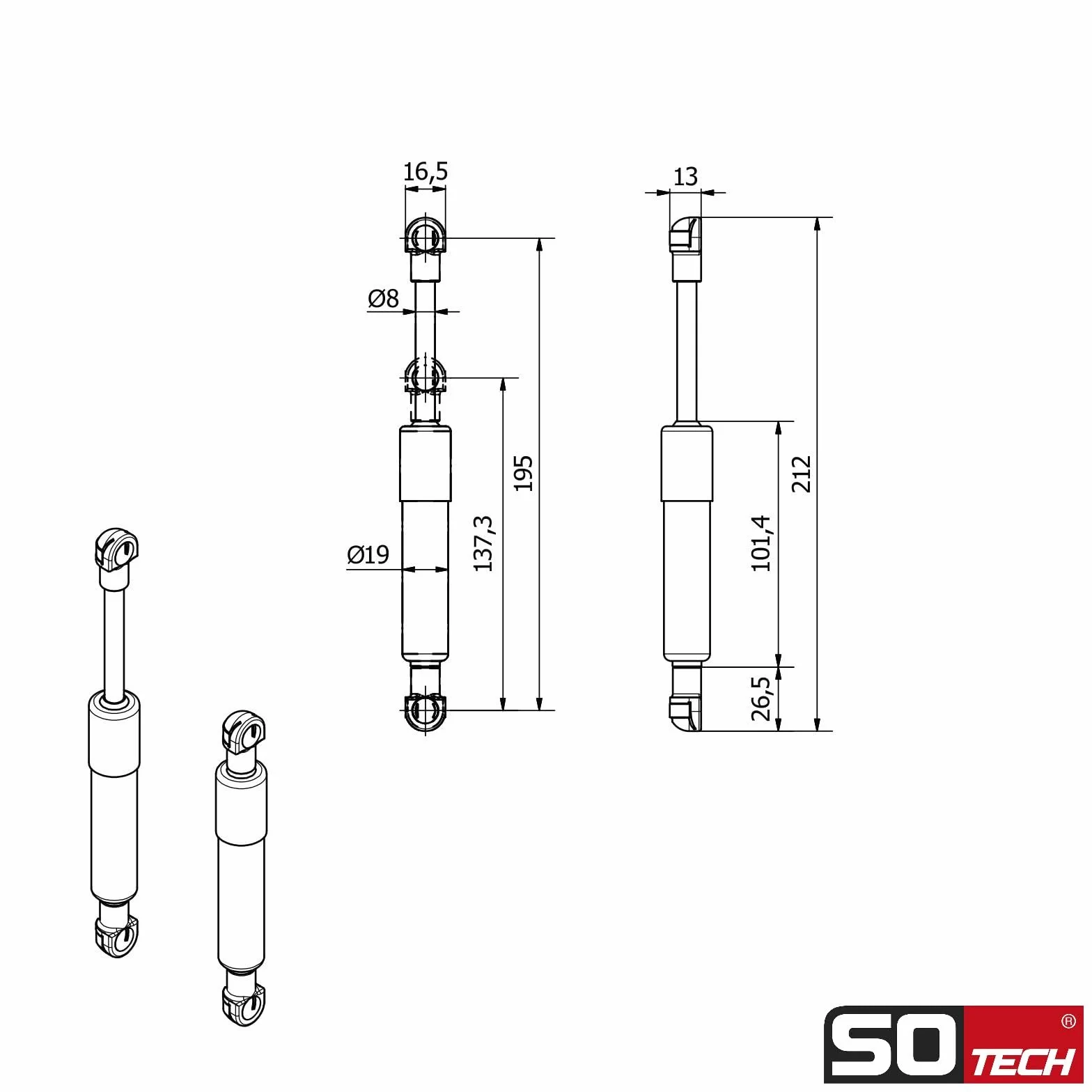 Sotech Lift-O-Mat Stabilus Zestaw 2 sprężyn gazowych 250 N do systemów Kesseböhmer (edycja 2019), wzmocnione