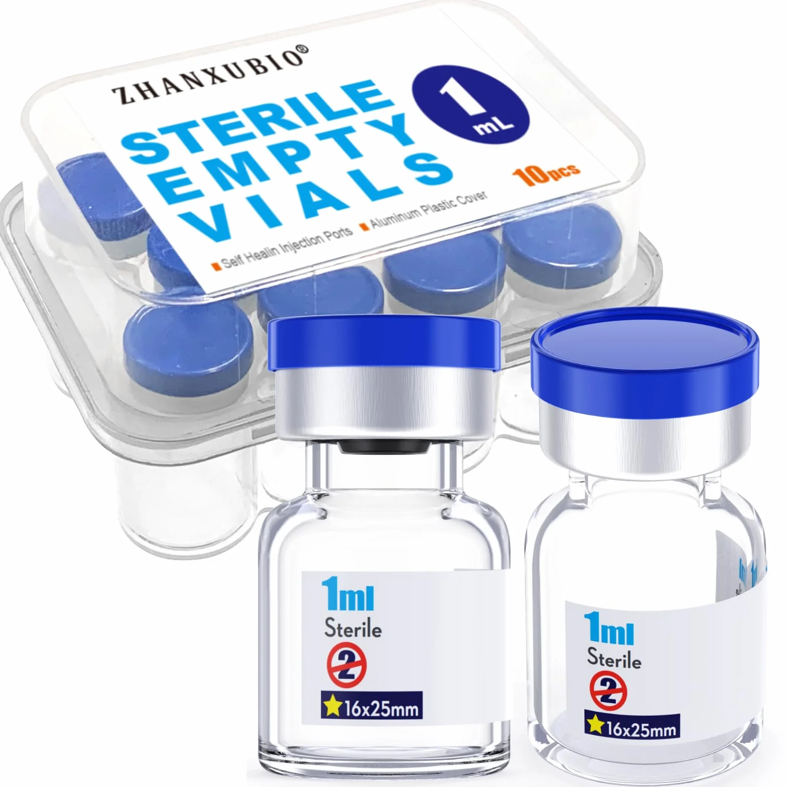 1ml, sterylne, puste, szklane fiolki z samoregenerującym się portem wtryskowym i zakrętką, 10 sztuk
