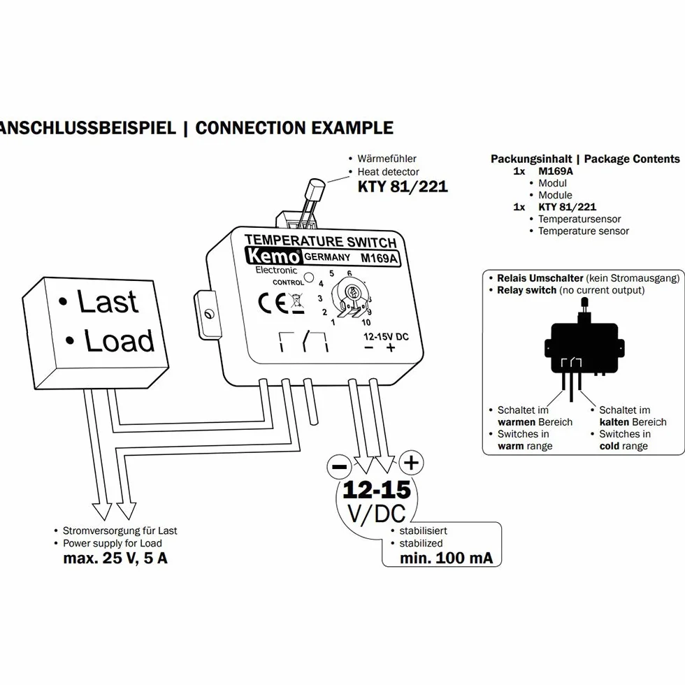 Kemo M169A regulowany elektroniczny przełącznik temperatury termostat 12 V/DC. Zakres przełączania temperatury 0-100°C. Możliwe połączenie z elektroniką sterującą