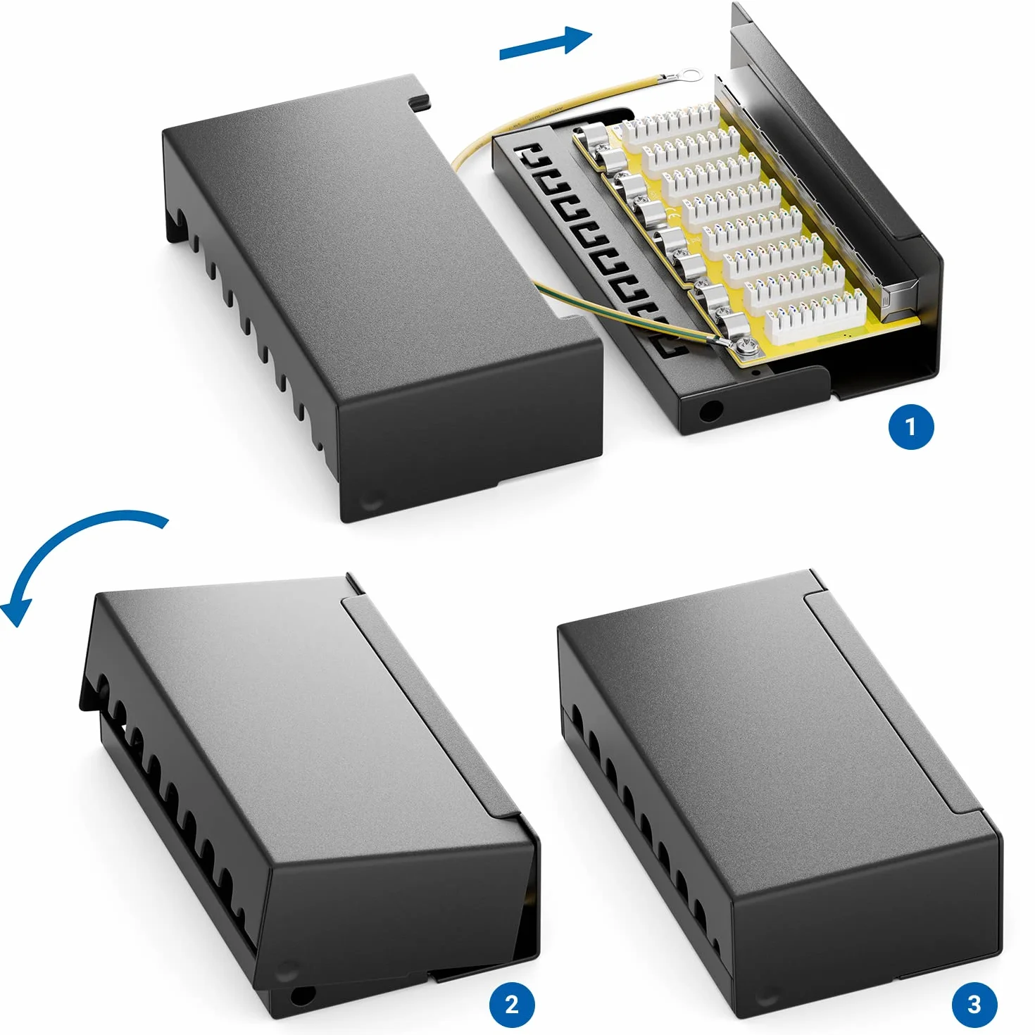 deleyCON CAT 6 Patch Panel Krosownica 8 Portów 1U Montaż na Biurku i Ścianie Ekranowany 8x Gniazdo RJ45 LAN Kabel Instalacyjny Sieci LAN TIA568A TIA568B RAL 9005 Czarny