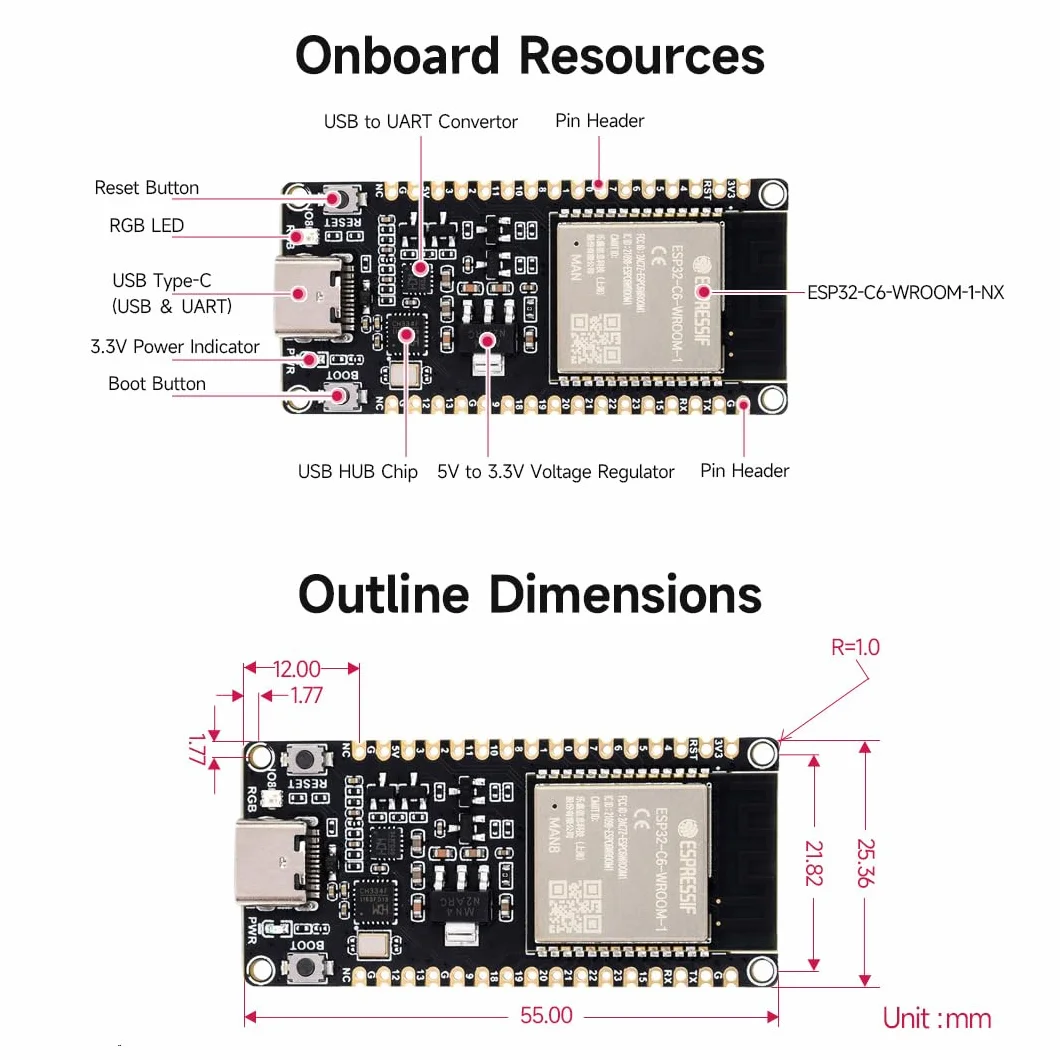 Waveshare ESP32-C6 Microcontroller Development Board WiFi 6 160MHz Module 16MB Flash