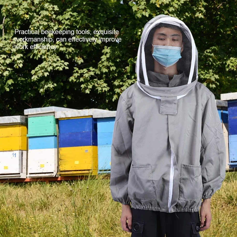 Welon Ochronny Pszczelarski Kurtka Podwójne Zamki Oddychający Poliester Bawełna Średniej Wielkości Kapelusz Chroń Twarz (GREY)