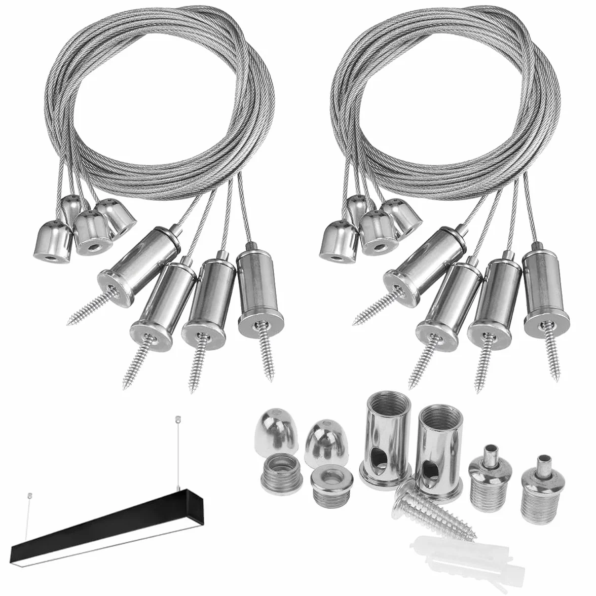 8 sztuk 1 m × 1,5 mm regulowane zawieszenie linowe, zestaw do zabudowy, stal nierdzewna, do sufitu, na sztyfcie, linka stalowa, zawieszenie lampy, hak montażowy, lampa wisząca, uchwyt do panelu LED