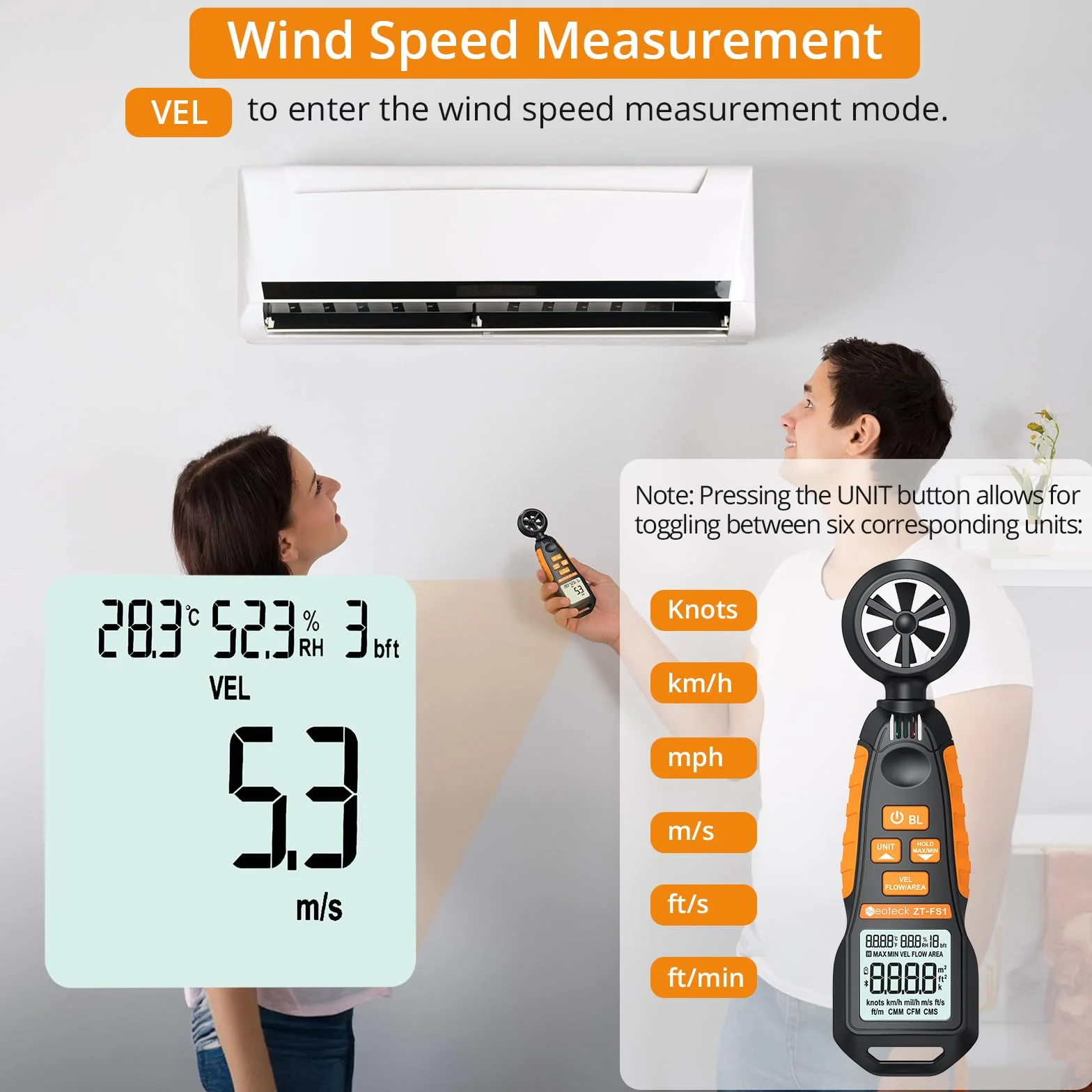 Neoteck Ręczny anemometr Cyfrowy miernik prędkości wiatru CFM Tester prędkości przepływu powietrza