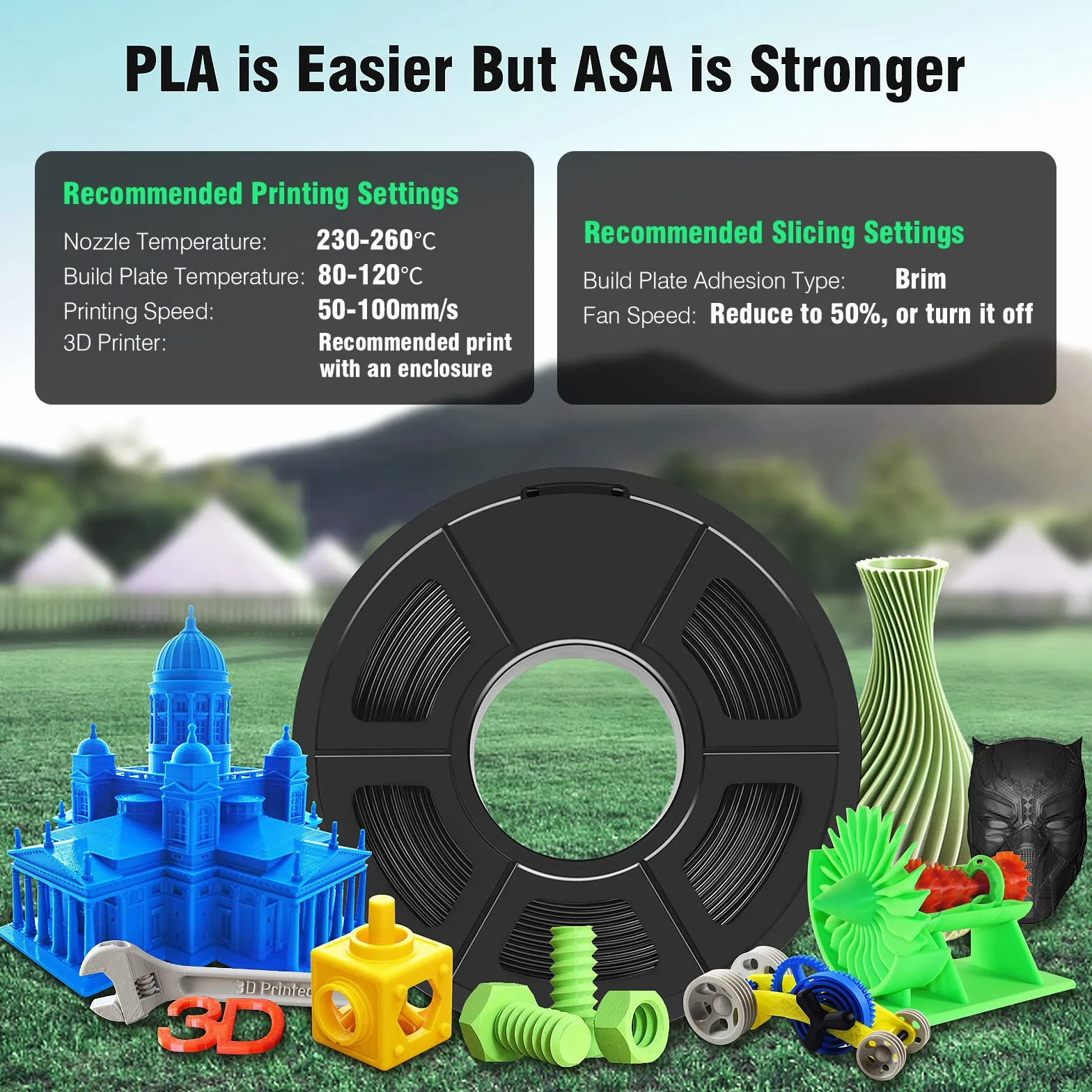 SUNLU ASA Filament 1,75 mm, Odporny na Promieniowanie UV/Deszcz/Ciepło Filament do Drukarek 3D, Wytrzymały Filament 3D, Szpula 1KG ASA Czarny