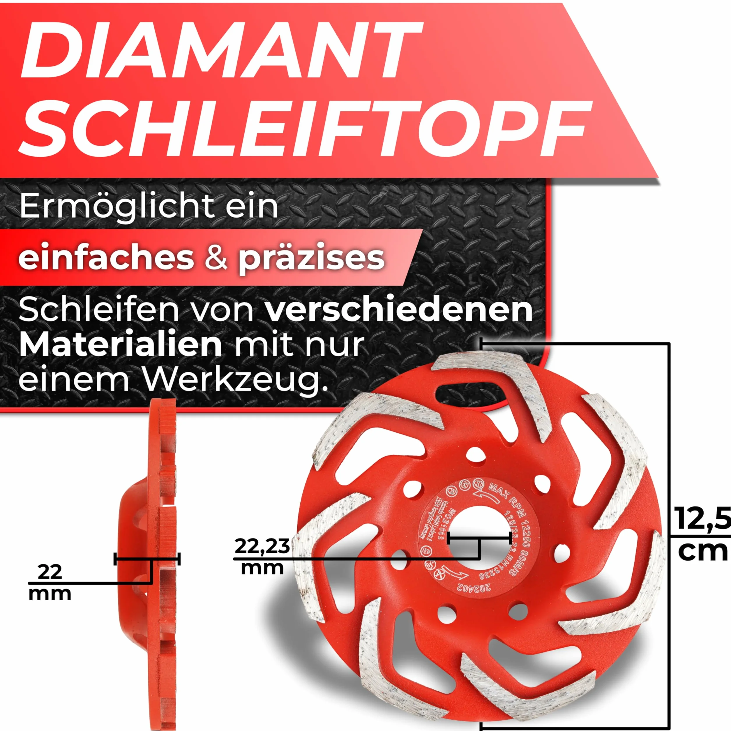 Woltersberger® Diamentowa tarcza szlifierska 125 mm x 22,23 mm, diamentowa szlifierka do szlifowania betonu i twardych materiałów budowlanych, granit, kamień naturalny, jastrych, tynk, marmur