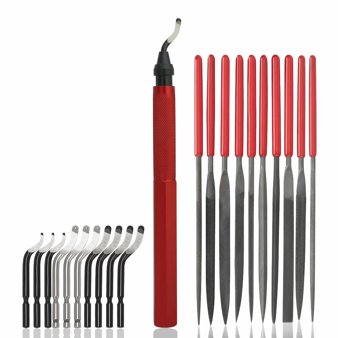VASTOOLS Zestaw narzędzi do usuwania zadziorów z 10 różnymi ostrzami i zestawem 10 pilników, do tworzywa sztucznego, metalu, stali nierdzewnej, stali, miedzi, aluminium i druku 3D