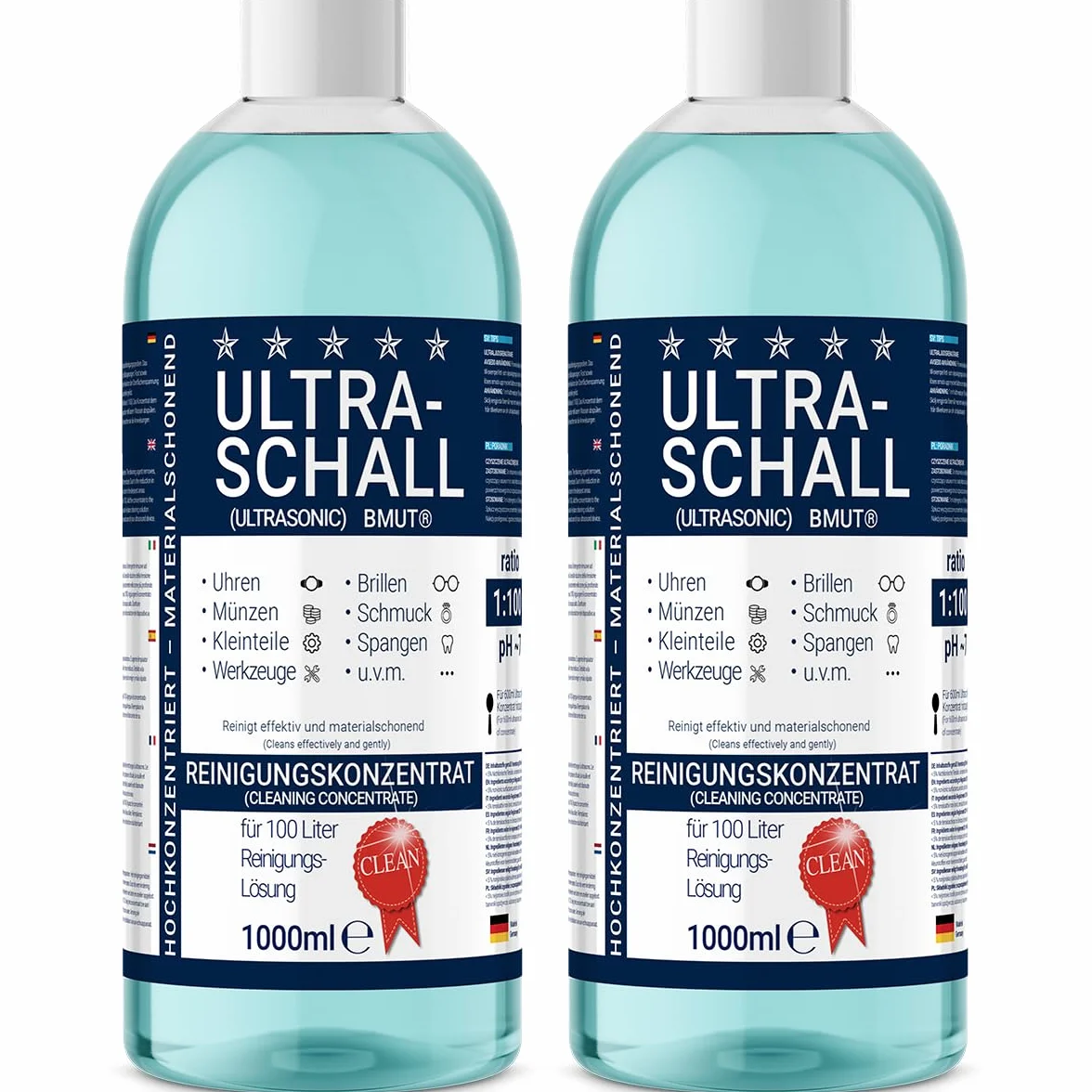 2 x 1000 ml koncentrat do czyszczenia ultradźwiękowego | płyn | do okularów, zegarków, biżuterii, protez i wielu innych w kąpieli ultradźwiękowej