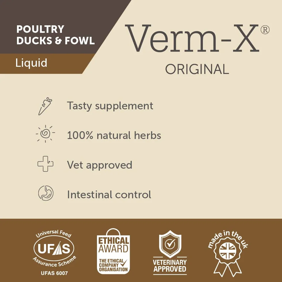 Verm-X Płynny dla drobiu, 500 ml. Zamiast chemicznych kuracji dla kur, gęsi, kaczek, itd. Naturalna kontrola wewnętrznych pasożytów o sprawdzonej recepturze Verm-X.