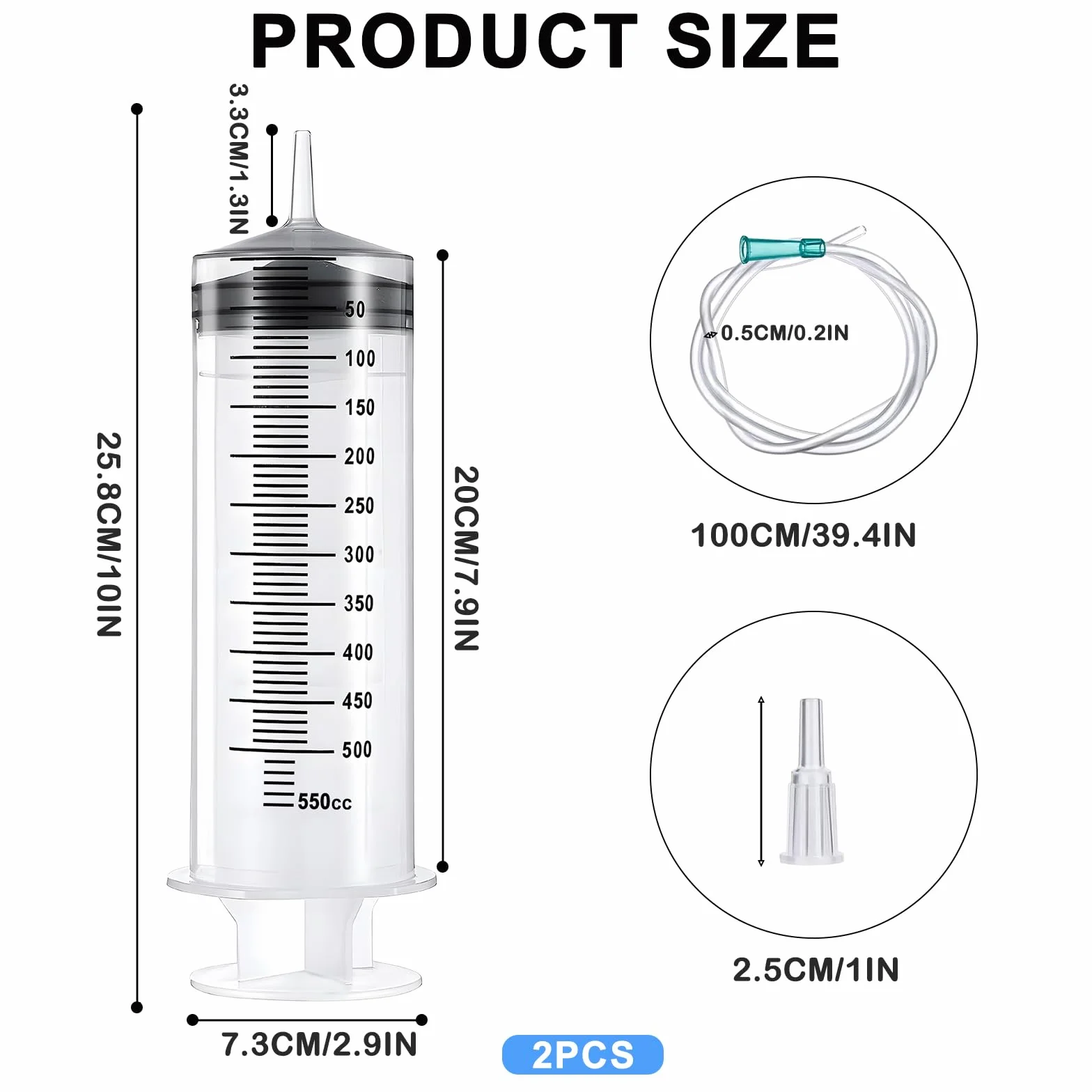 2 duże strzykawki 250 ml, 350 ml, 550 ml, plastikowa strzykawka z wężem, syringi do pomiaru płynów, strzykawka dozująca dla przemysłu, indywidualnie uszczelniona strzykawka, plastikowa strzykawka do