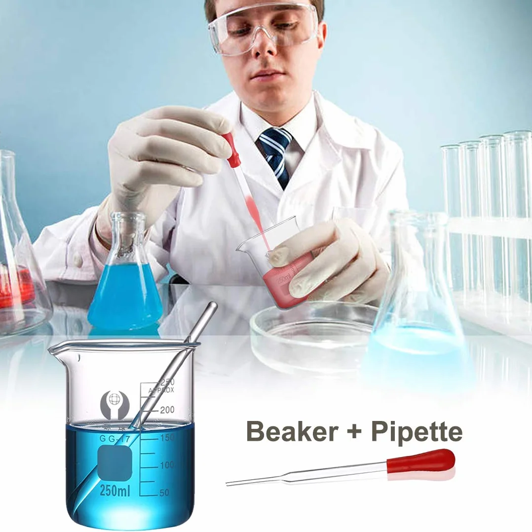 Szklane fiolki Erlenmeyer, JESSTOLO 50 ml, szklana butelka stożkowa, 50 ml szklana zlewka, 10 ml/5 ml cylinder z podziałką, 2 szczotki do czyszczenia, 3 szklane probówki i 2 szklane mieszadła