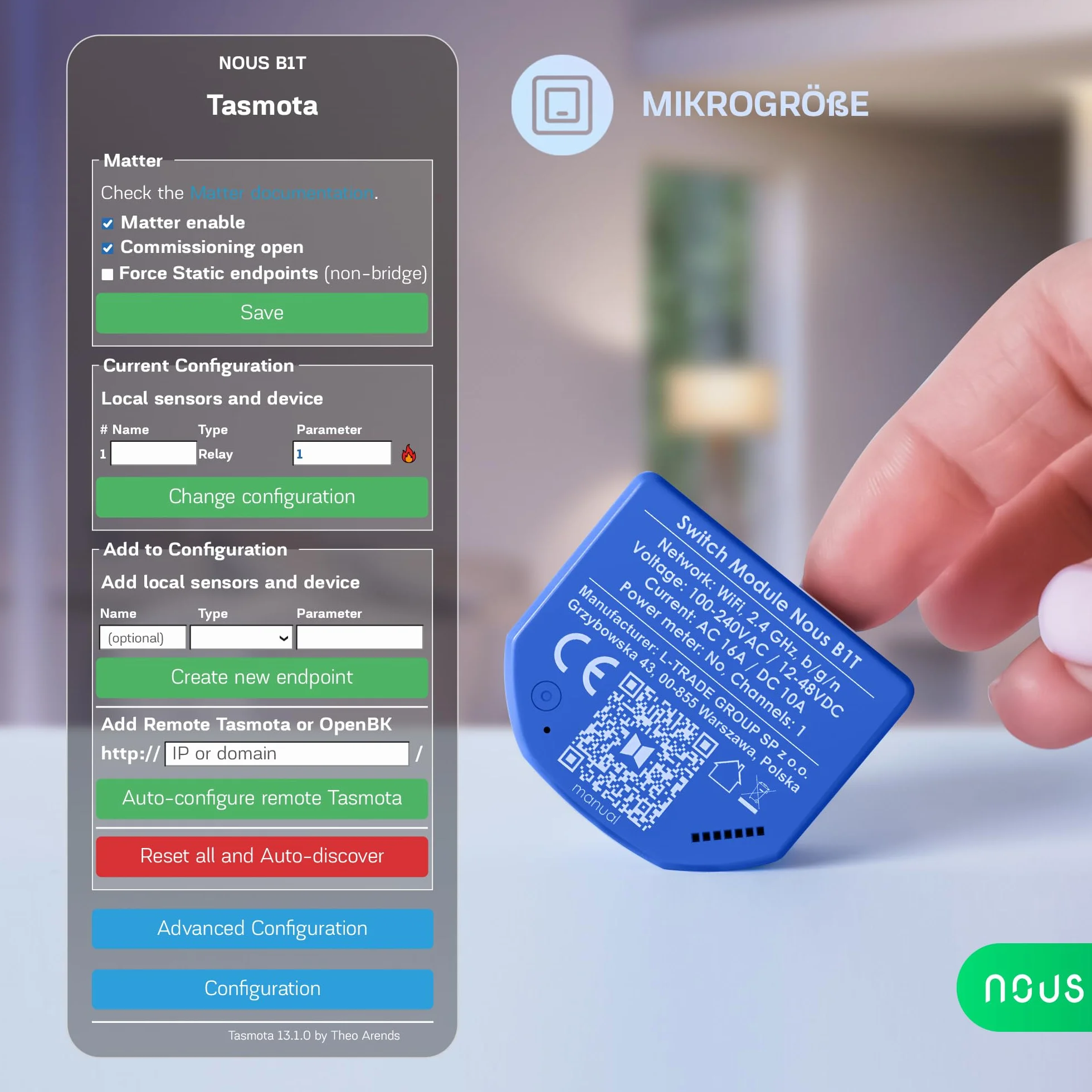 NOUS Moduł WiFi Smart Switch z Tasmota, AC 16A/DC 10A, ESP32, Matter, MQTT, 1 kanał, suche styki