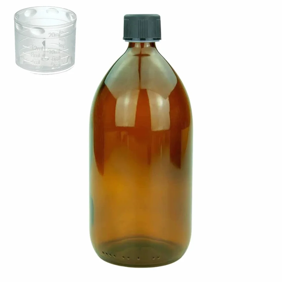 Szklana butelka 1000 ml brązowa z pokrywką, kubek z miarką i etykietą