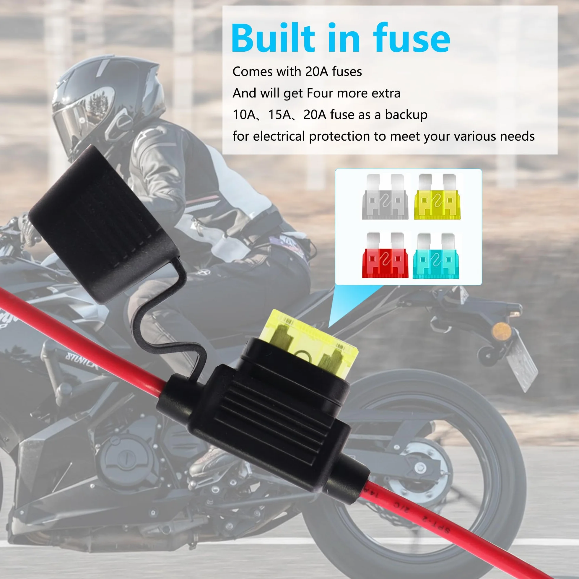 Kabel z bezpiecznikiem 20A 14AWG 12V-24V Alligator Clip O-Ring Terminal do akumulatora 3m