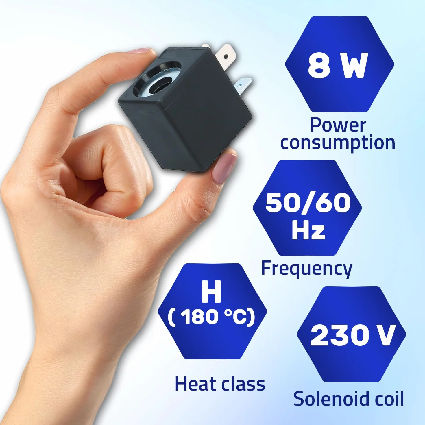 Cewka Zaworu Elektromagnetycznego - 39 x 36 x 29 mm Ø 13,2 mm - Klasa H IP65-230V 8W 50/60Hz 14,5VA - Gwarancja 10 Lat - MONTERALNY