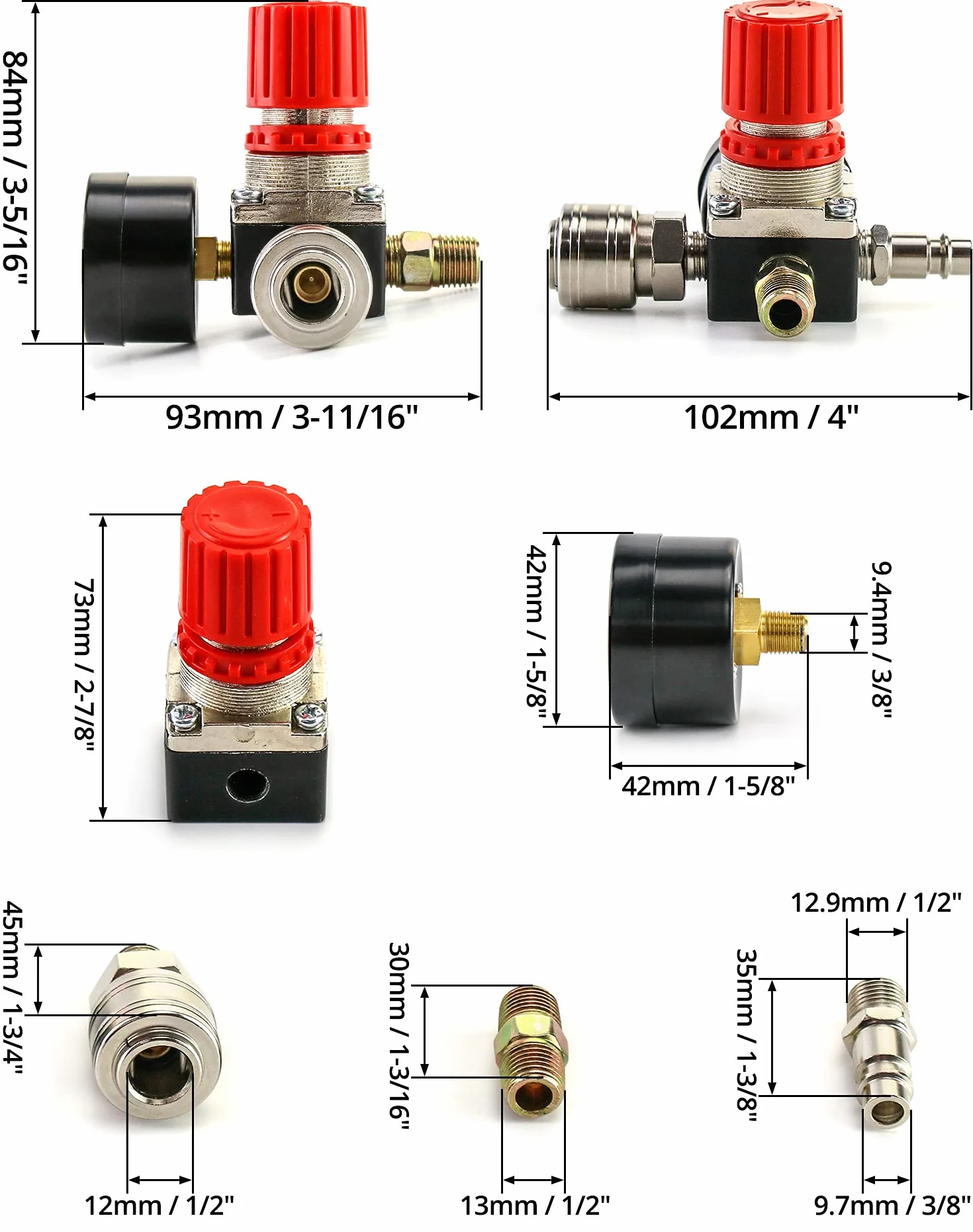 QWORK® Regulator ciśnienia sprężarki powietrza, zawór regulacji ciśnienia w standardzie UE 1/4" Zawór przełączający ciśnienie z manometrem 175PSI 12Bar do sprężarki powietrza (4 otwory)