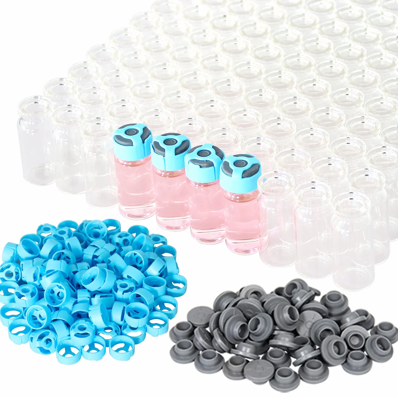 100 fiolek z przezroczystego szkła 10 ml z samoblokującymi się zatyczkami i gumowymi korkami, fiolki laboratoryjne z płaskim dnem 20 mm