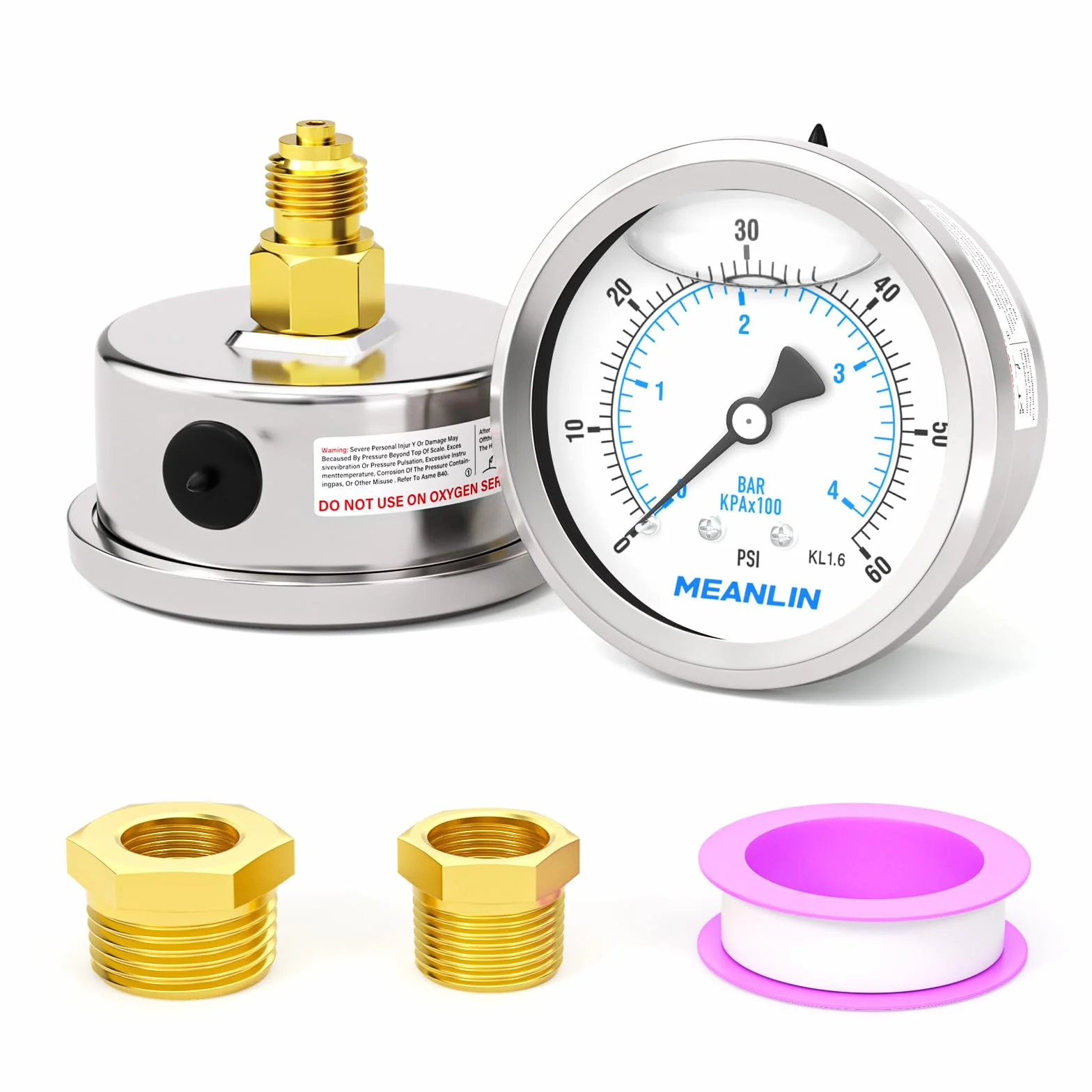 MEANLIN MEASURE 0~4 BAR/0~60 PSI manometr z płynem, stal nierdzewna 1/8" BSP 2,5" Face DIAL, WOG woda-olej-powietrze, montaż z tyłu, z gniazdem sześciokątnym 1/4" BSP i gniazdem sześciokątnym 3/8" BSP