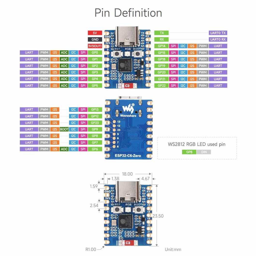 Waveshare ESP32-C6-Zero 2 PCS ESP32-C6 Mini Development Board ESP32-C6FH8 160MHz 2.4GHz WiFi 6 BT5