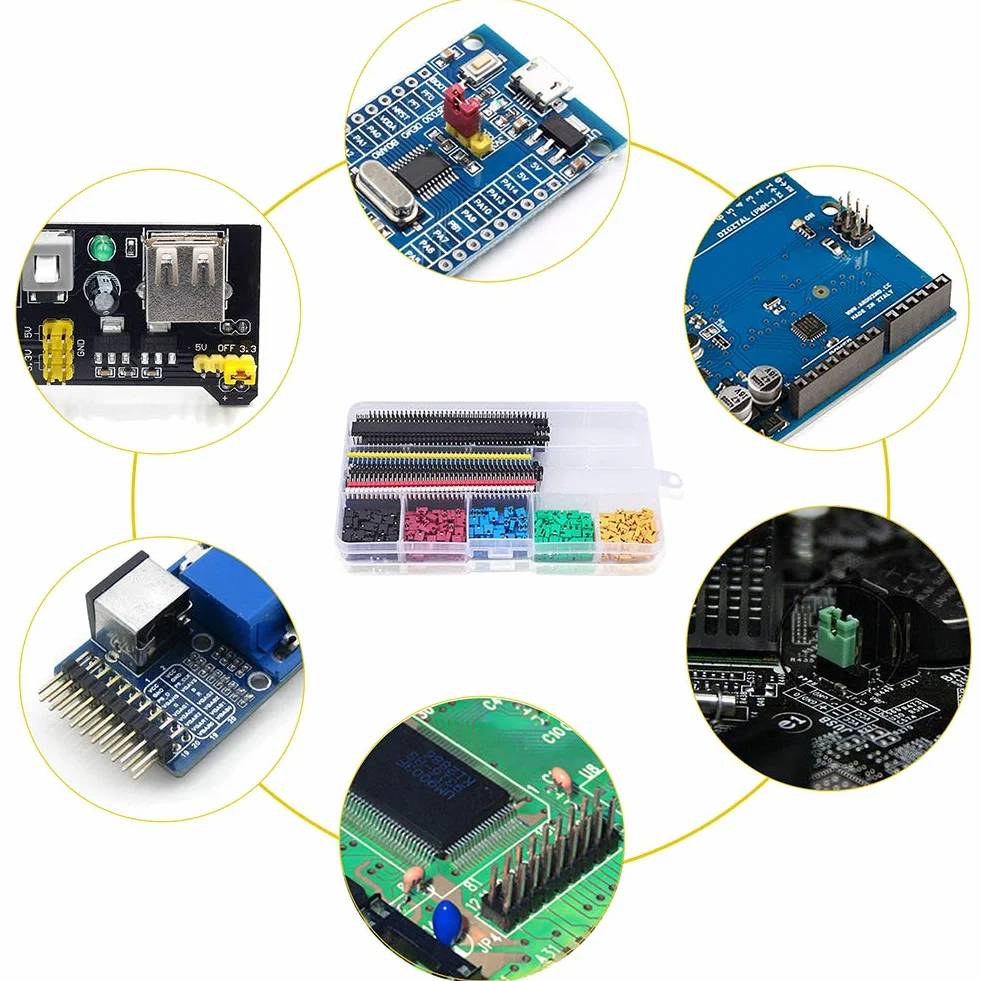 Zestaw złączy wtykowych i zaślepek rozruchowych, 300 szt. 2,54 mm zaślepki do komputera + 35 szt. płytki PCB 40-pinowe proste / kątowe / okrągłe pojedyncze/dwurzędowe męskie żeńskie złącza