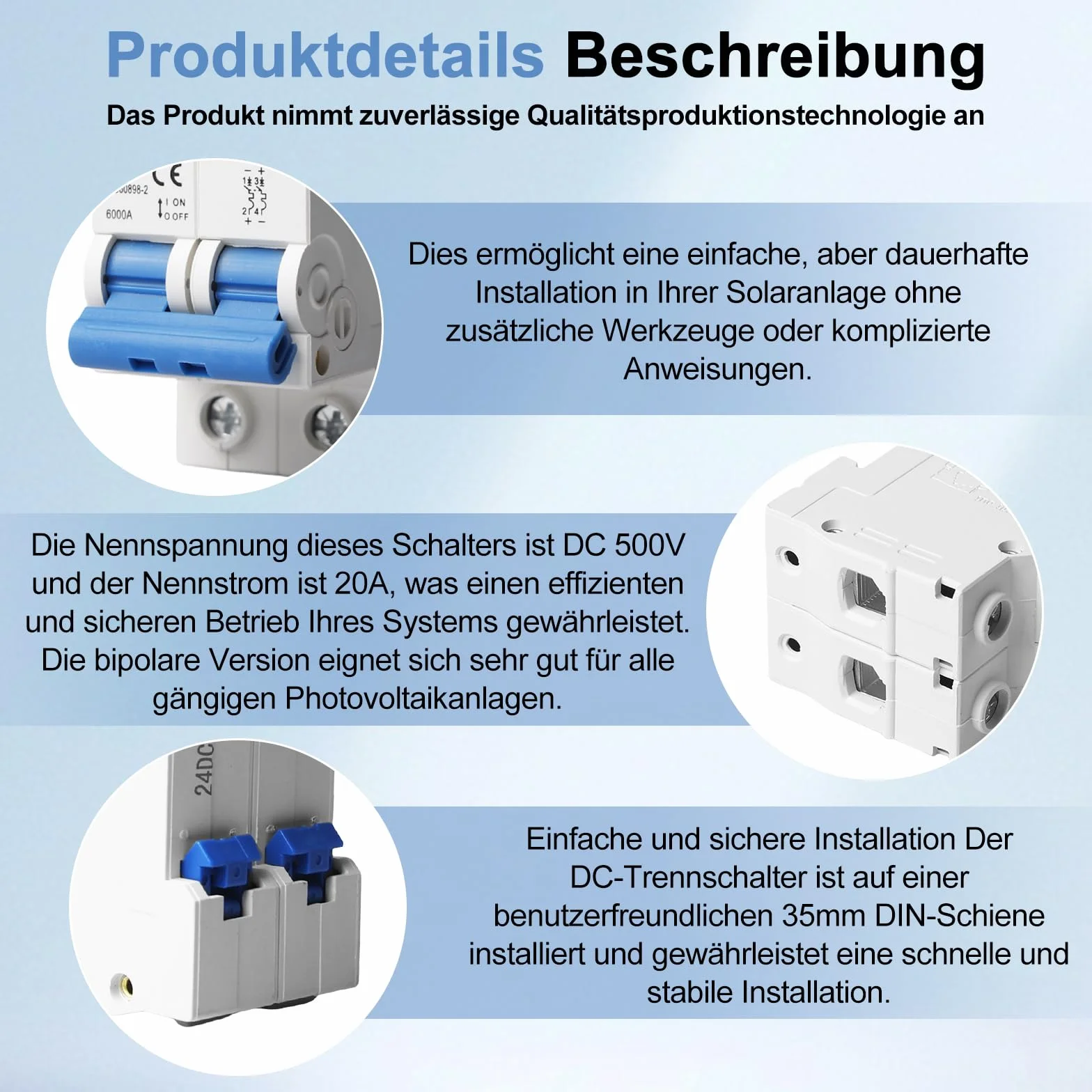 2 sztuki DC wyłącznik PV, 500 V, 20 A, 2-biegunowy, solarny wyłącznik nadmiarowy, wyłącznik bezpieczeństwa do systemów fotowoltaicznych, 35 mm, montaż na szynie DIN