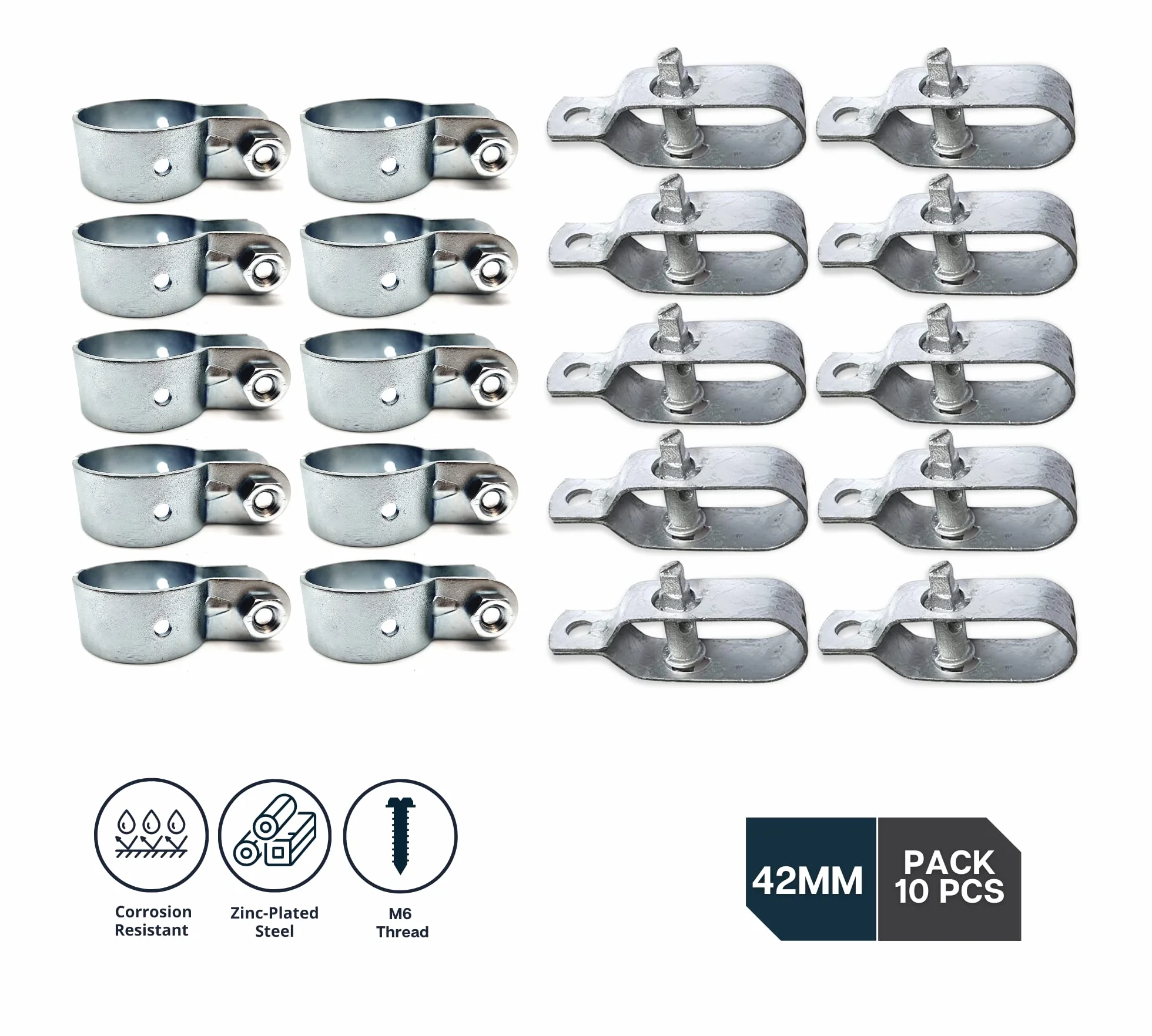DOJA Barcelona | Napinacze do drutu i zacisku słupa | Pack 10 Napinacz ocynkowany + 10 Zacisk ogrodzeniowy 42mm | Zacisk stalowy ocynkowany ze śrubą | Okablowanie do osiedli, siatka metalowa