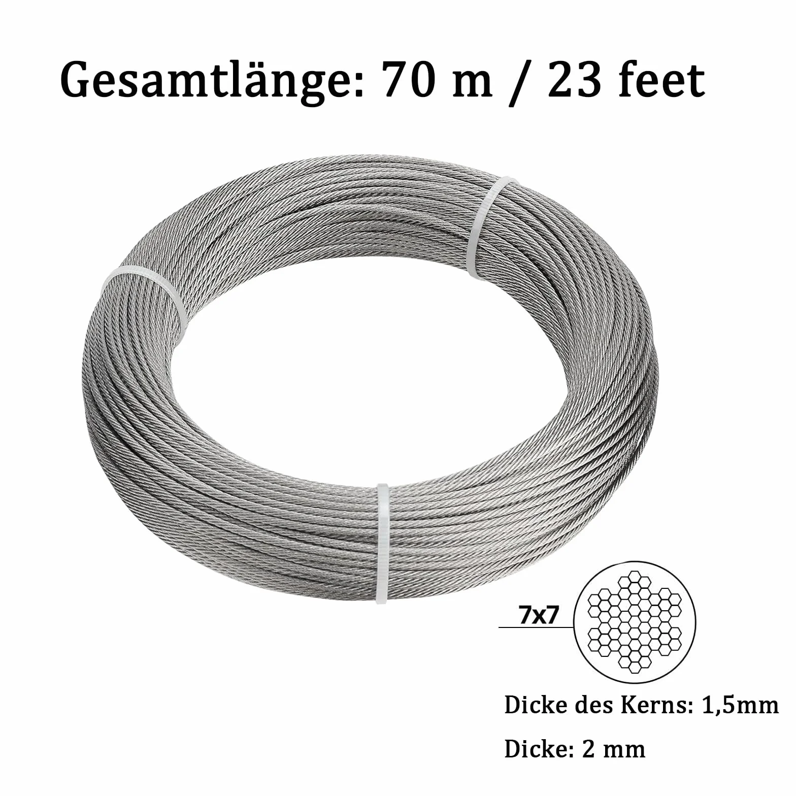 Linka stalowa 70 m 2 mm stal nierdzewna 304 zestaw 10 zacisków 10 lin 8 tulejek aluminiowych