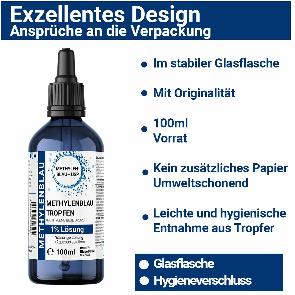 1 x 100 ml roztwór błękitu metylenowego 1% – kropla w butelce z brązowego szkła z pipetą – wysoka czystość Methylene Blue bez dodatków – jakość farmaceutyczna USP – z Niemiec