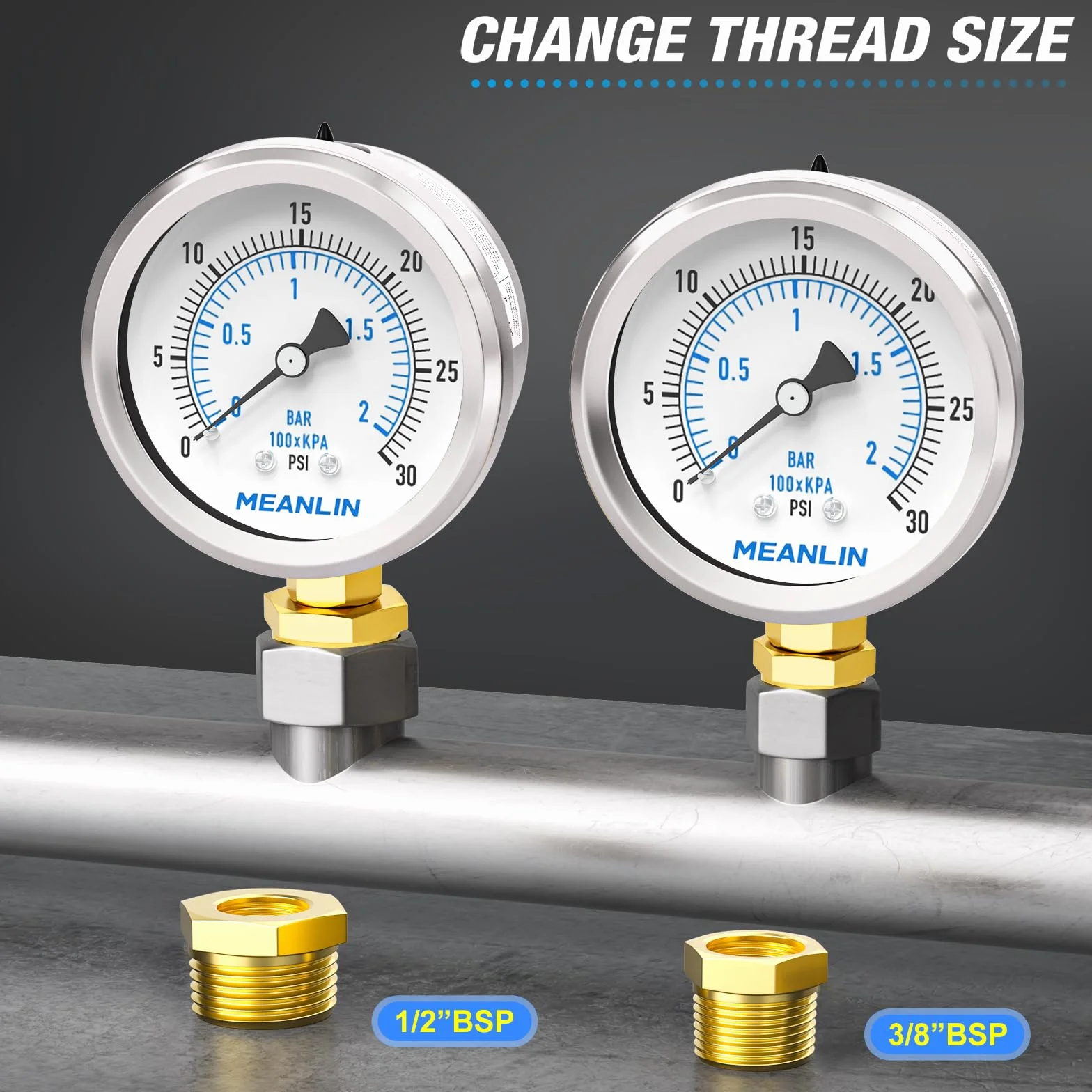 MEANLIN MEASURE 0 ~ 2 bar/0~30 psi, suchy manometr, stal nierdzewna, 1/4" BSP 2" FACE DIAL wodoszczelny do fontanny, wody, opon, tester ciśnienia wody, dolny uchwyt, z 1/2" BSP i gniazdem
