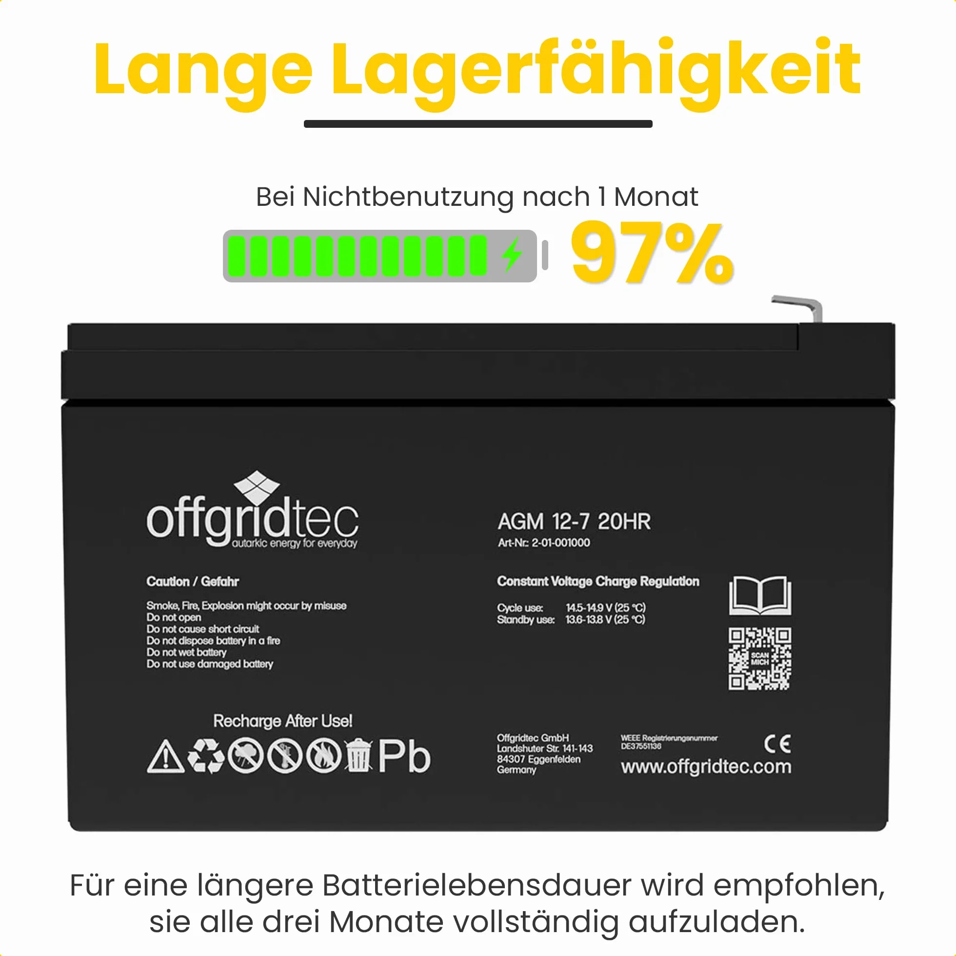 Offgridtec® Akumulator ołowiowy AGM 7 Ah 12 V, odporny na cykle UV, zamiennik akumulatora VRLA