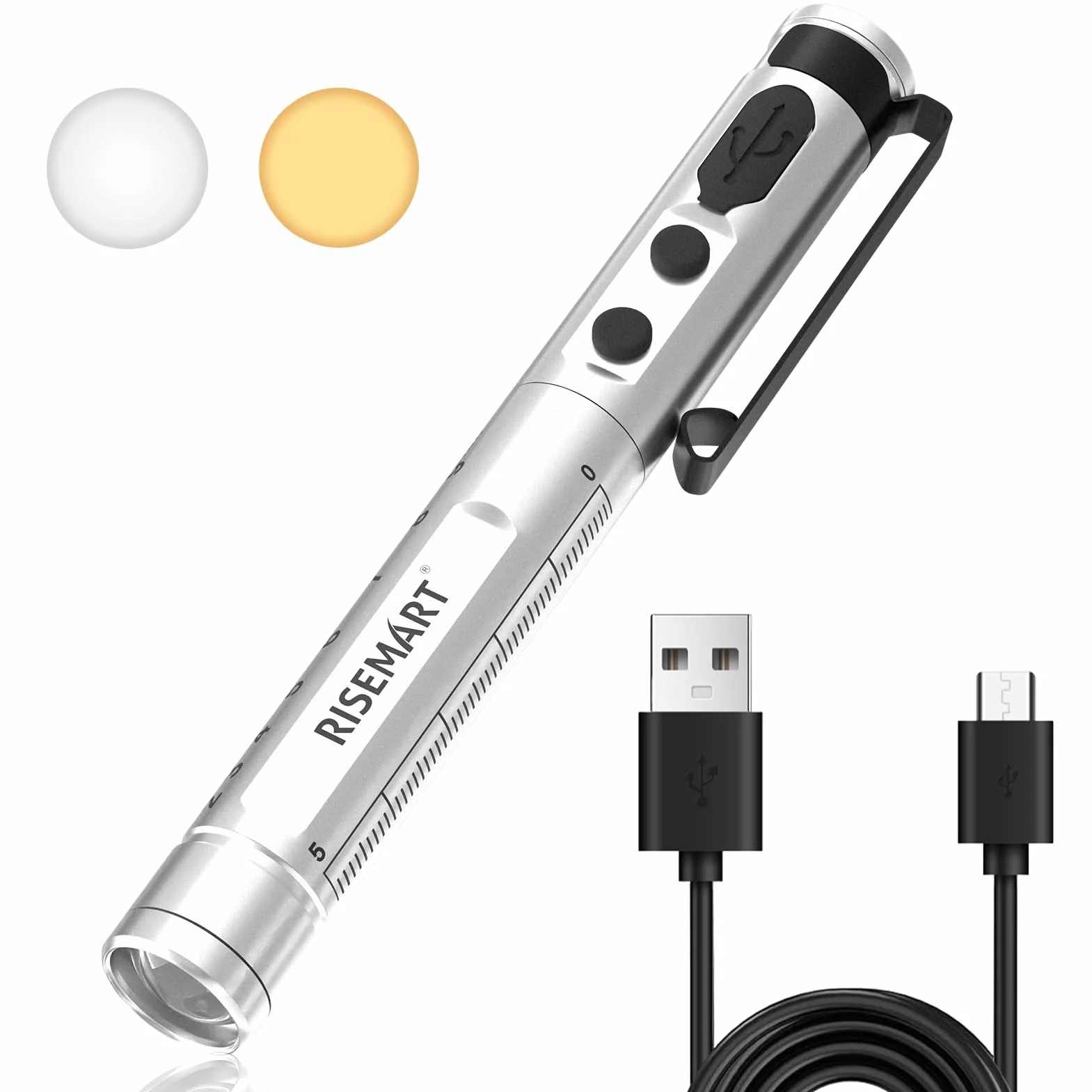 Lampa diagnostyczna LED źrenicy, ładowalna, aluminiowa, ciepła/zimna biel, ściemnianie, przenośna, z klipsem (sliber)