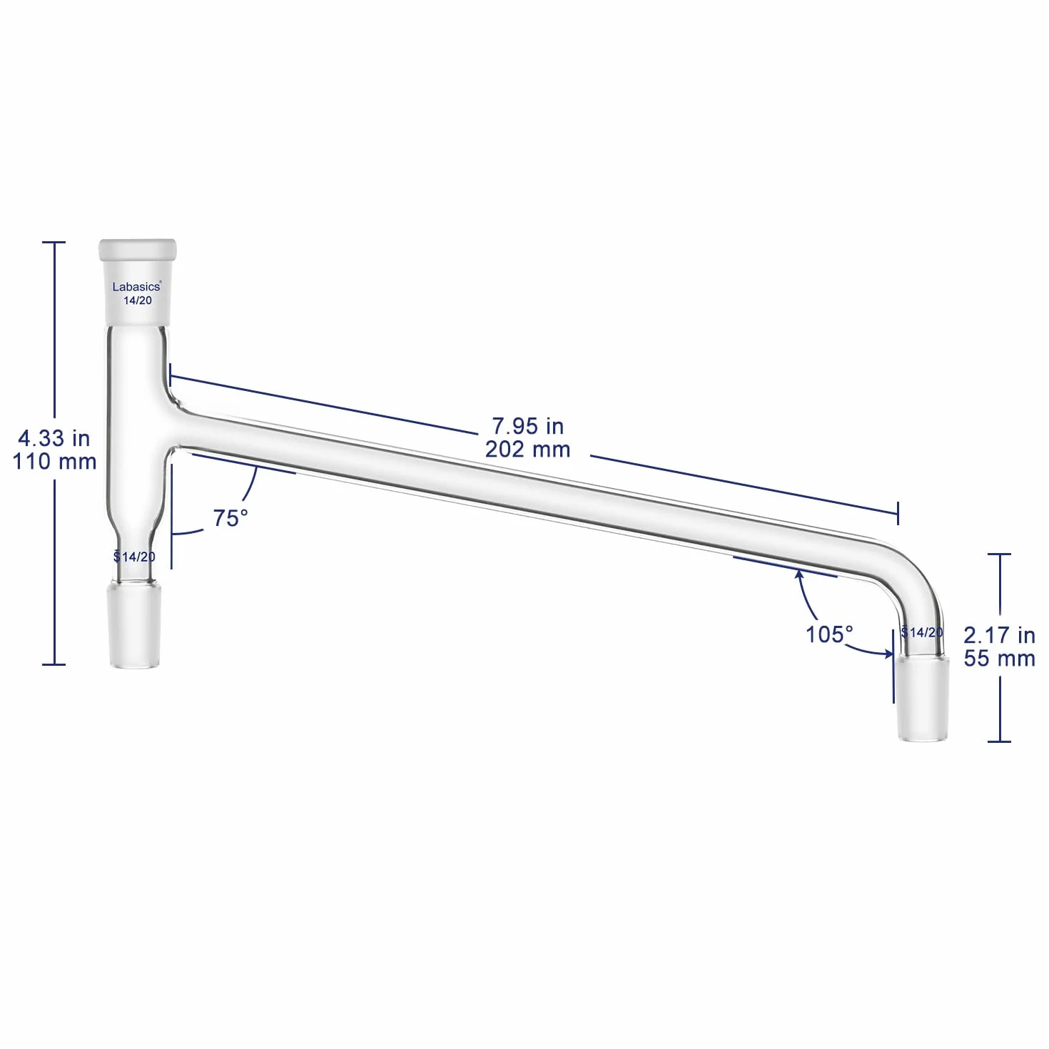 Labasics Szklany adapter do destylacji, szkło borokrzemowe, zakrzywiony 75 stopni, adapter do destylacji, adapter laboratoryjny ze standardowymi połączeniami 14/20 do destylacji