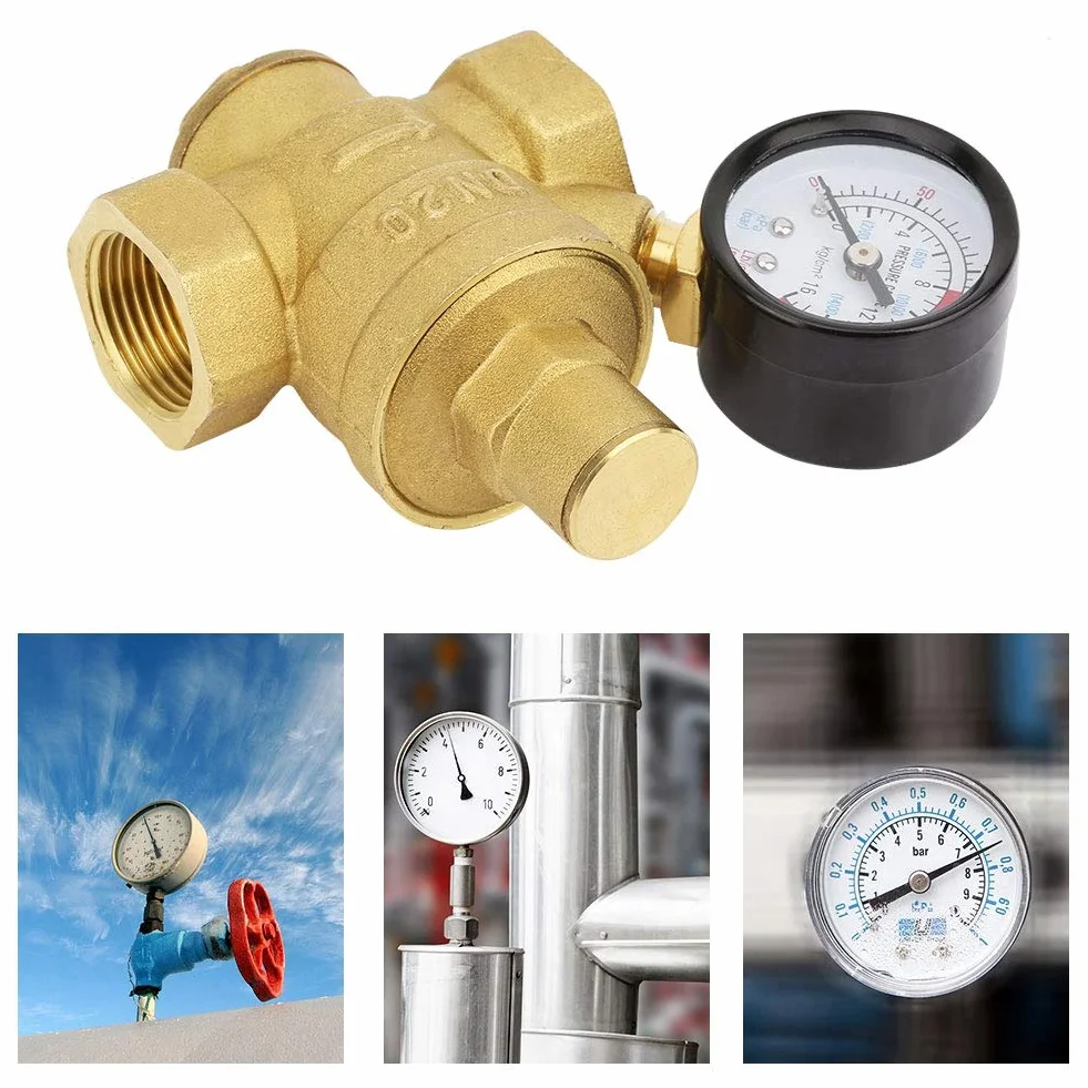 Zawór zmniejszający ciśnienie, DN20 3/4" mosiężny zawór zmniejszający ciśnienie wody 3/4" regulowany regulator ciśnienia wody gwint zaworu z miernikiem manometru